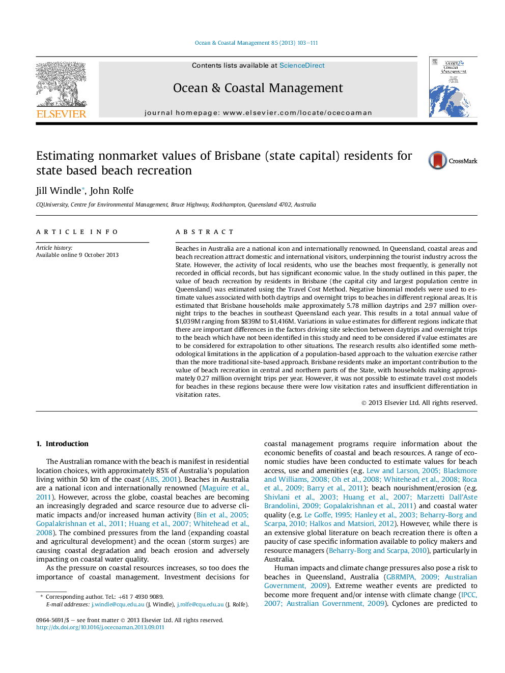 Estimating nonmarket values of Brisbane (state capital) residents for state based beach recreation