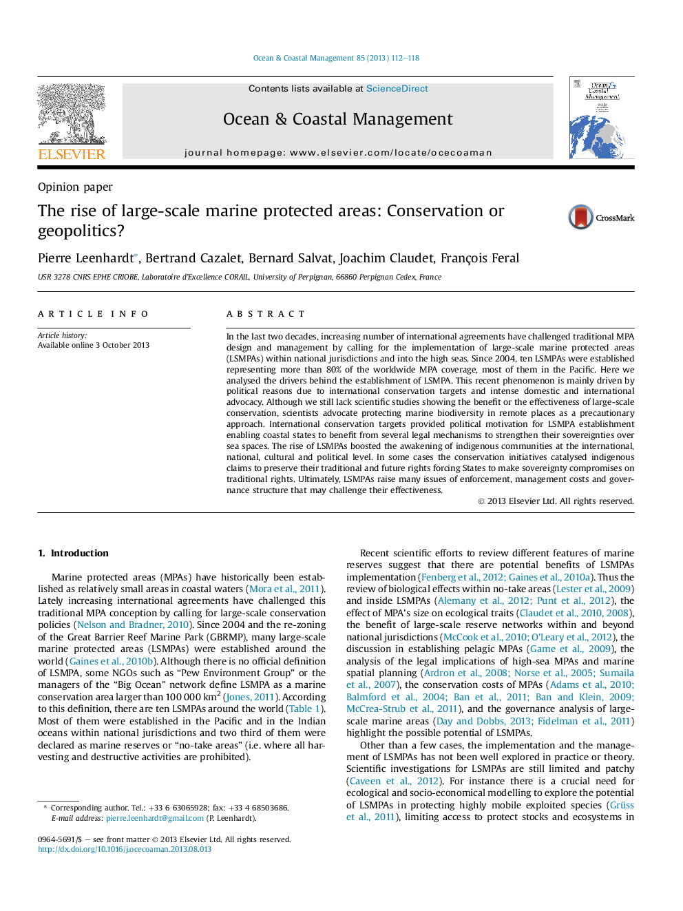 عکس صفحه اول مقاله: The rise of large-scale marine protected areas: Conservation or geopolitics? The rise of large-scale marine protected areas: Conservation or geopolitics?
