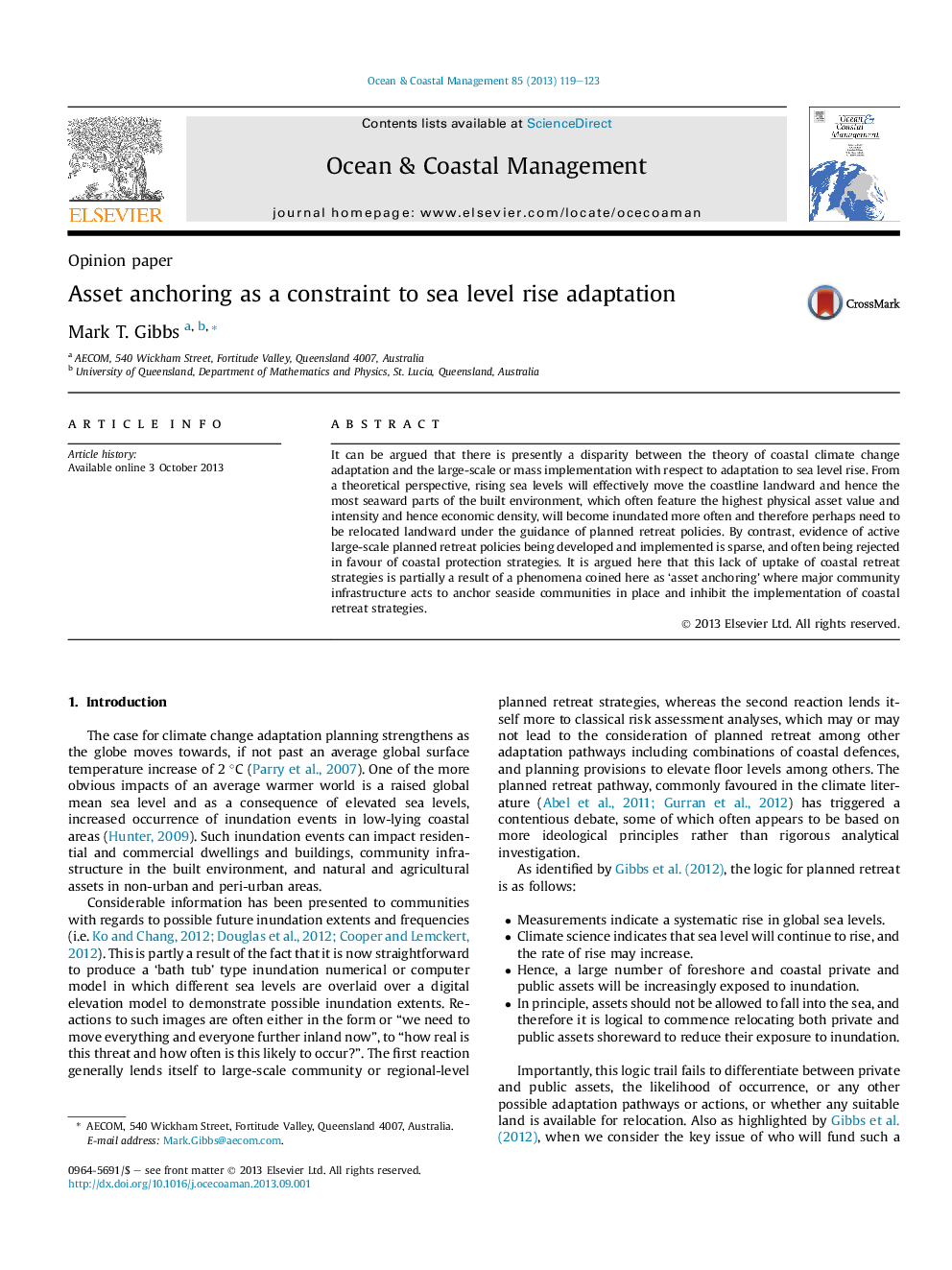 عکس صفحه اول مقاله: Asset anchoring as a constraint to sea level rise adaptation Asset anchoring as a constraint to sea level rise adaptation