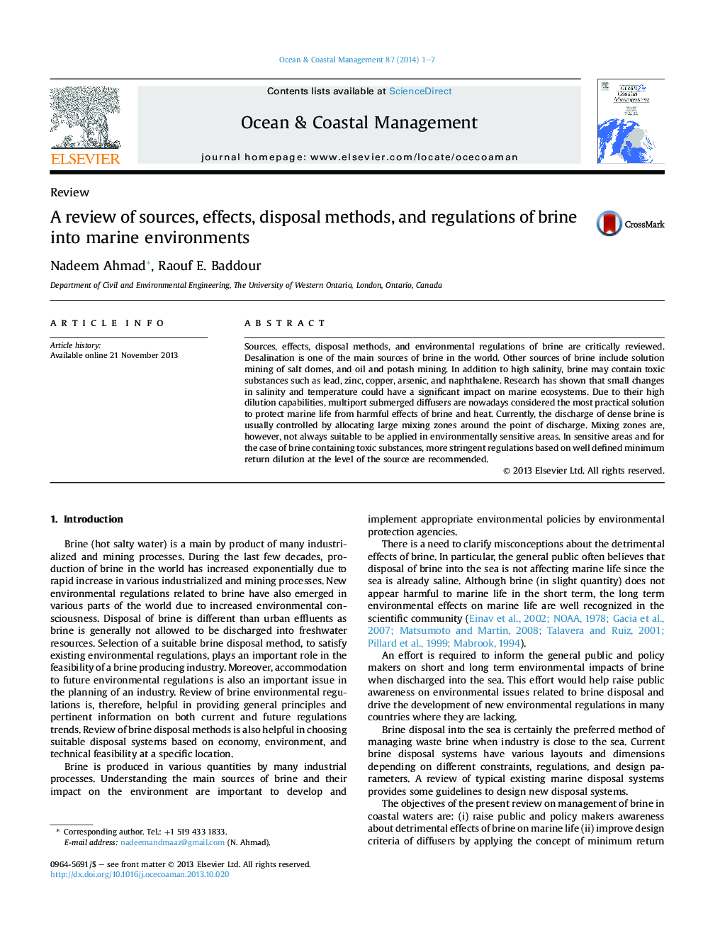 A review of sources, effects, disposal methods, and regulations of brine into marine environments