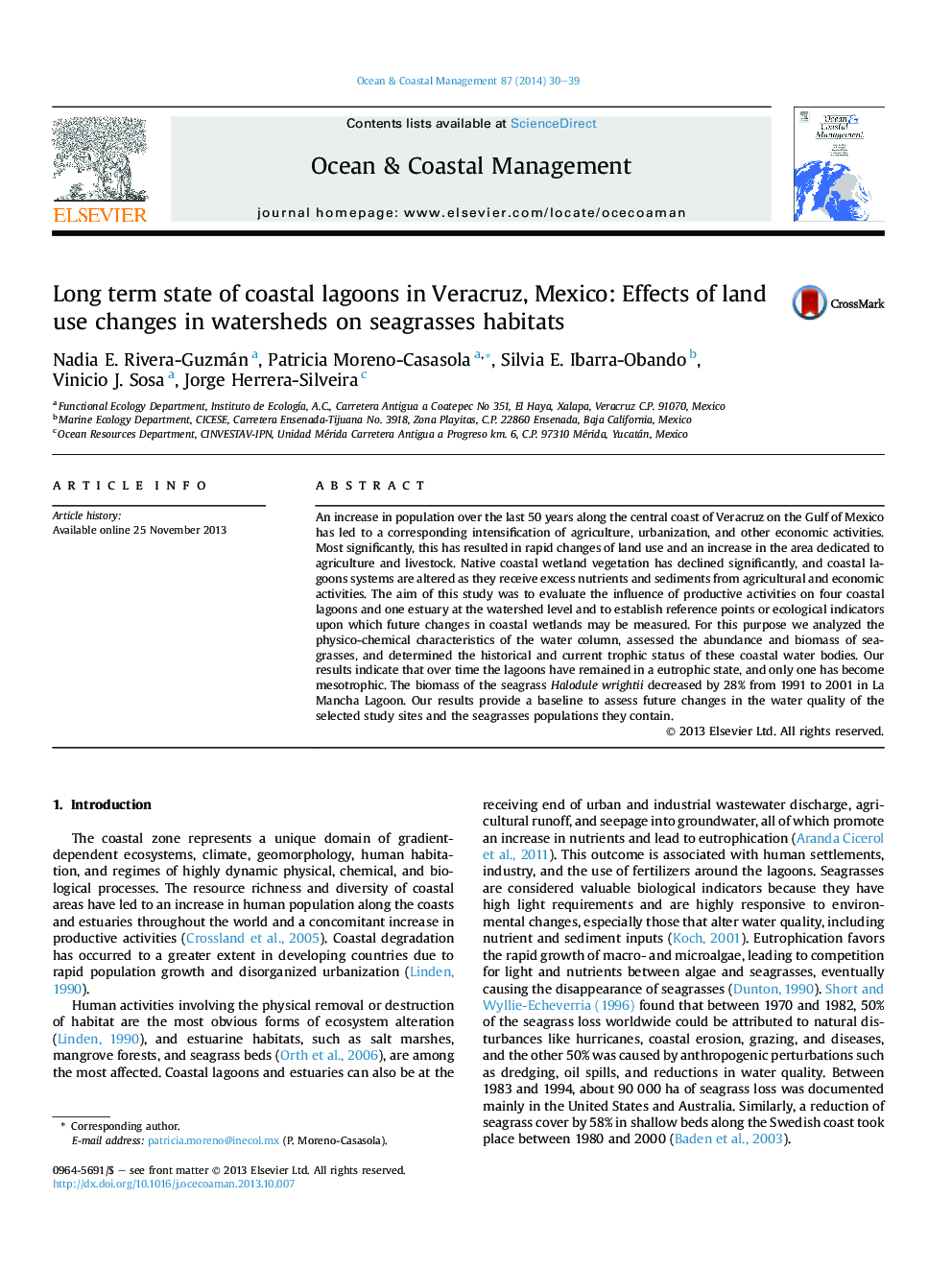 Long term state of coastal lagoons in Veracruz, Mexico: Effects of land use changes in watersheds on seagrasses habitats