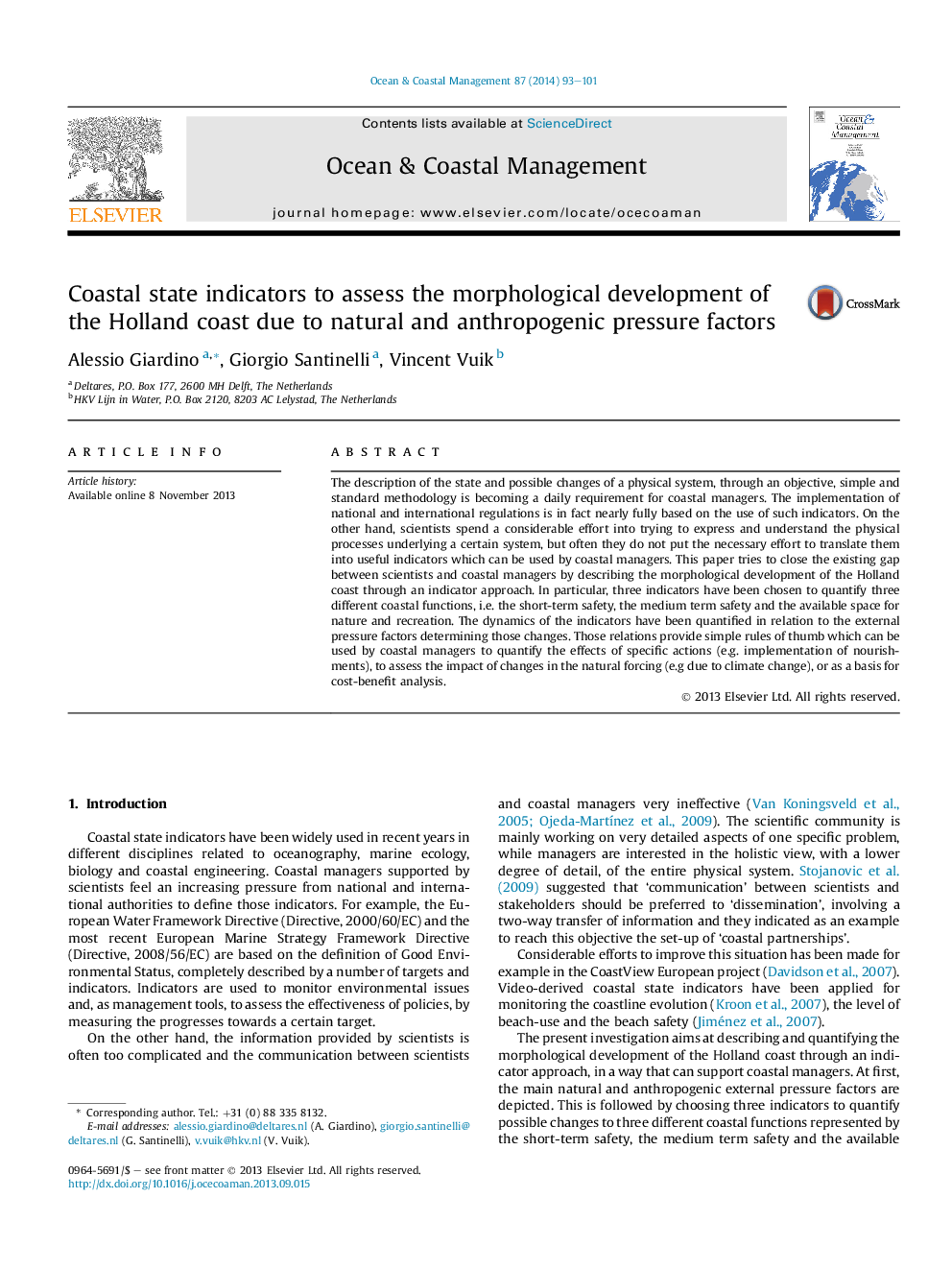 Coastal state indicators to assess the morphological development of the Holland coast due to natural and anthropogenic pressure factors