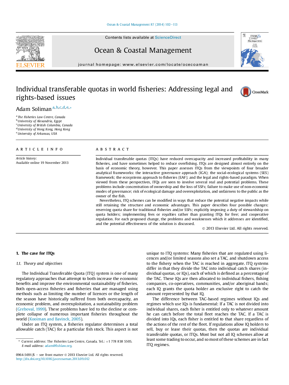 Individual transferable quotas in world fisheries: Addressing legal and rights-based issues