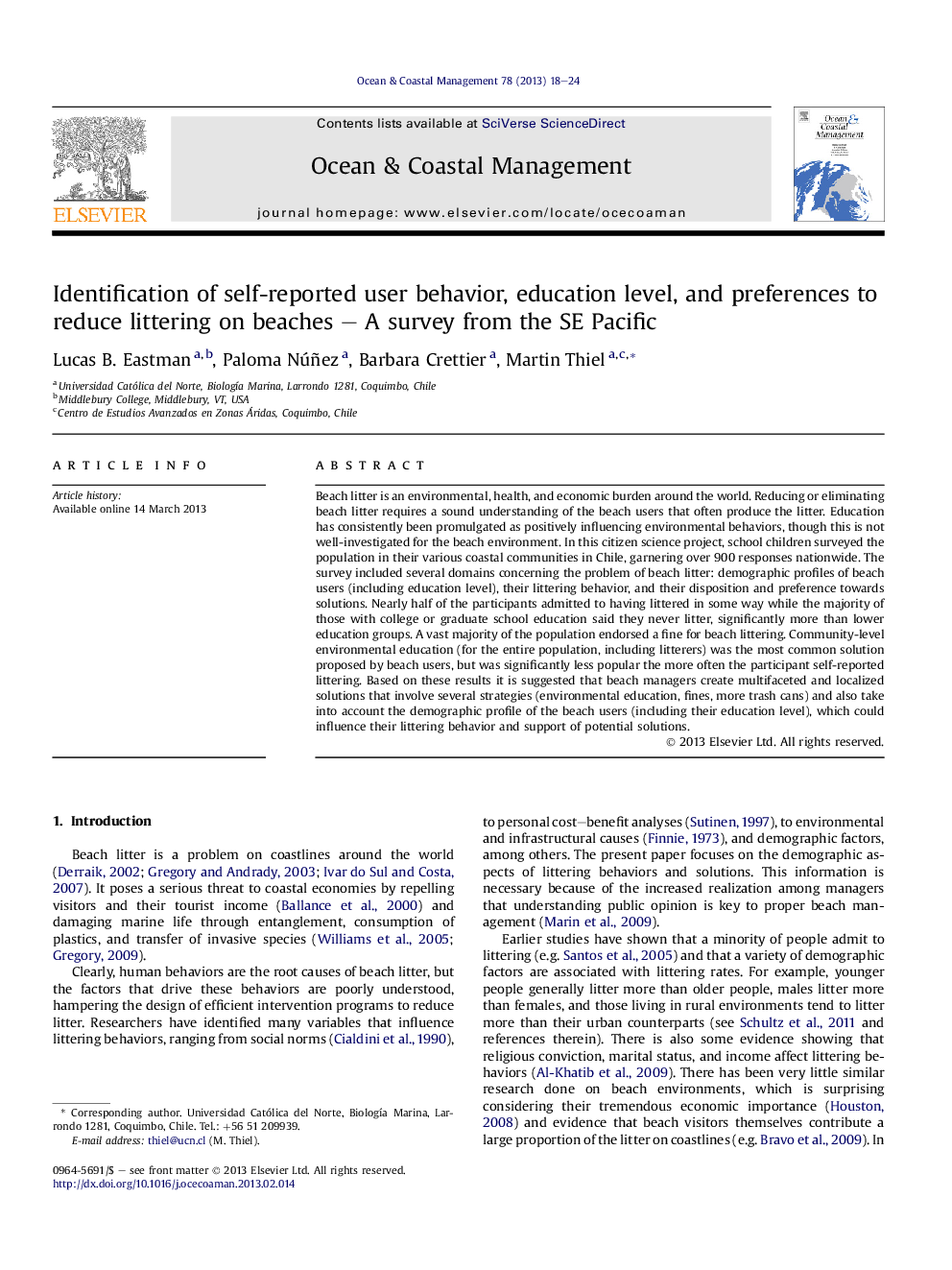 Identification of self-reported user behavior, education level, and preferences to reduce littering on beaches – A survey from the SE Pacific