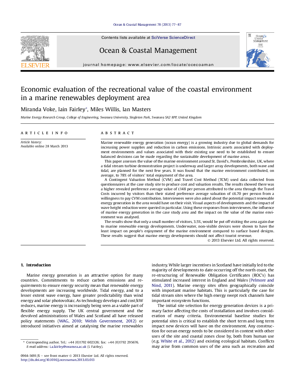 Economic evaluation of the recreational value of the coastal environment in a marine renewables deployment area