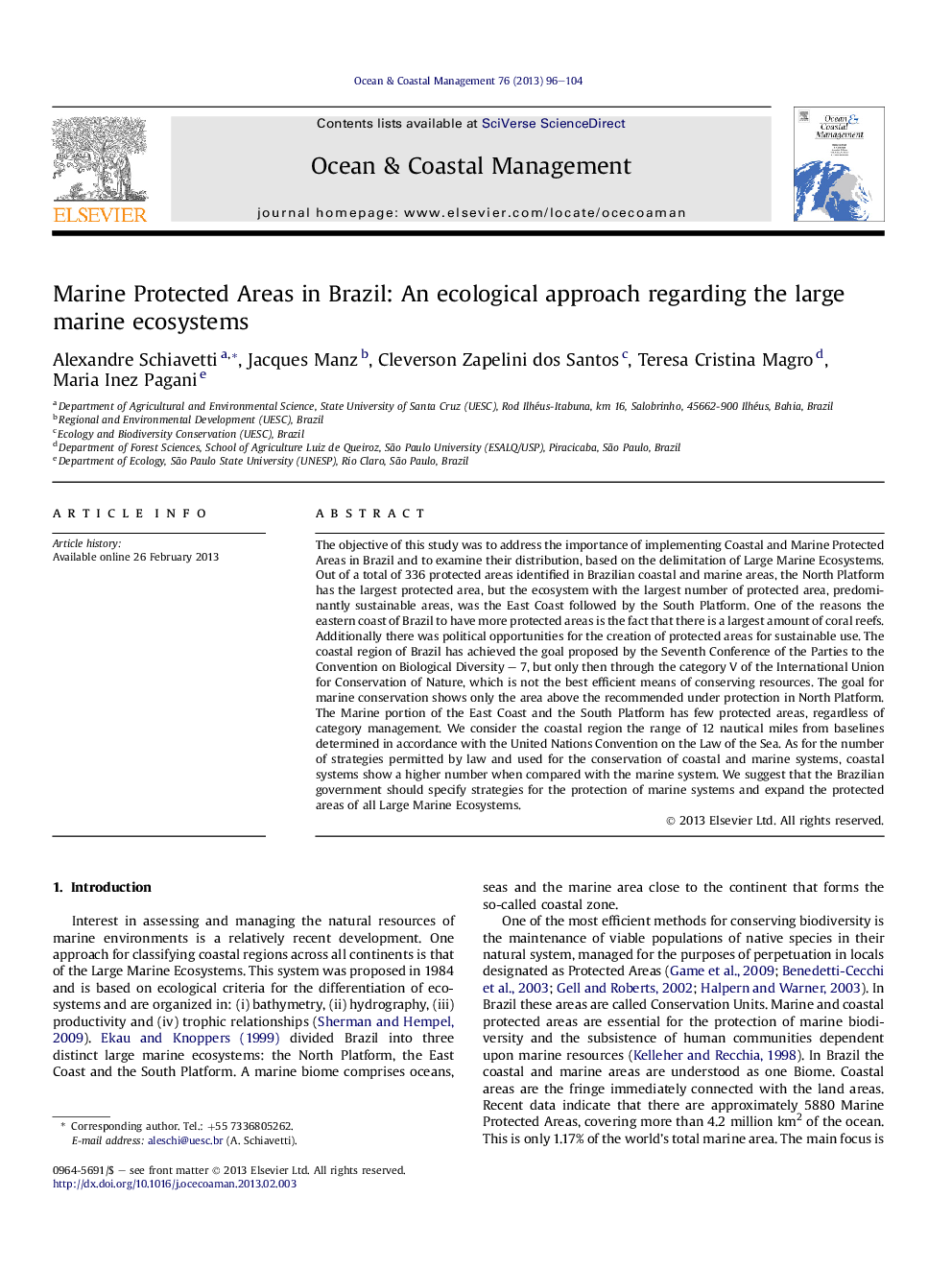 Marine Protected Areas in Brazil: An ecological approach regarding the large marine ecosystems