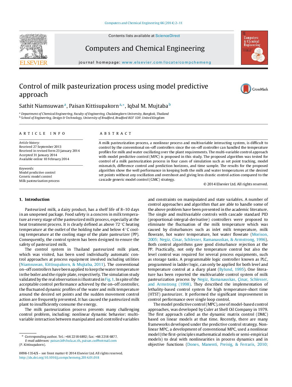 Control of milk pasteurization process using model predictive approach