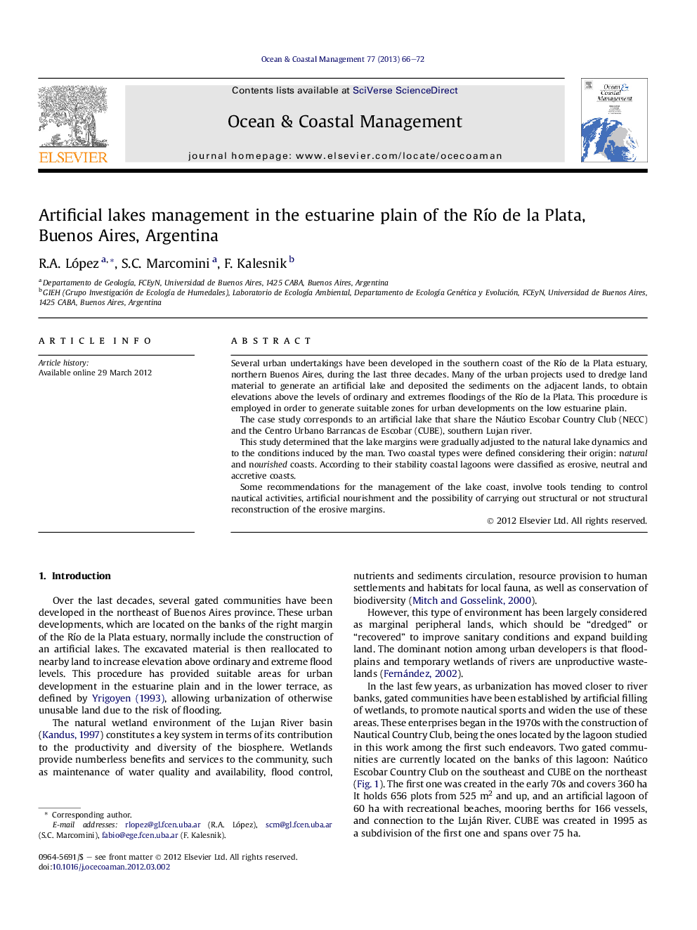 عکس صفحه اول مقاله: Artificial lakes management in the estuarine plain of the Río de la Plata, Buenos Aires, Argentina Artificial lakes management in the estuarine plain of the Río de la Plata, Buenos Aires, Argentina
