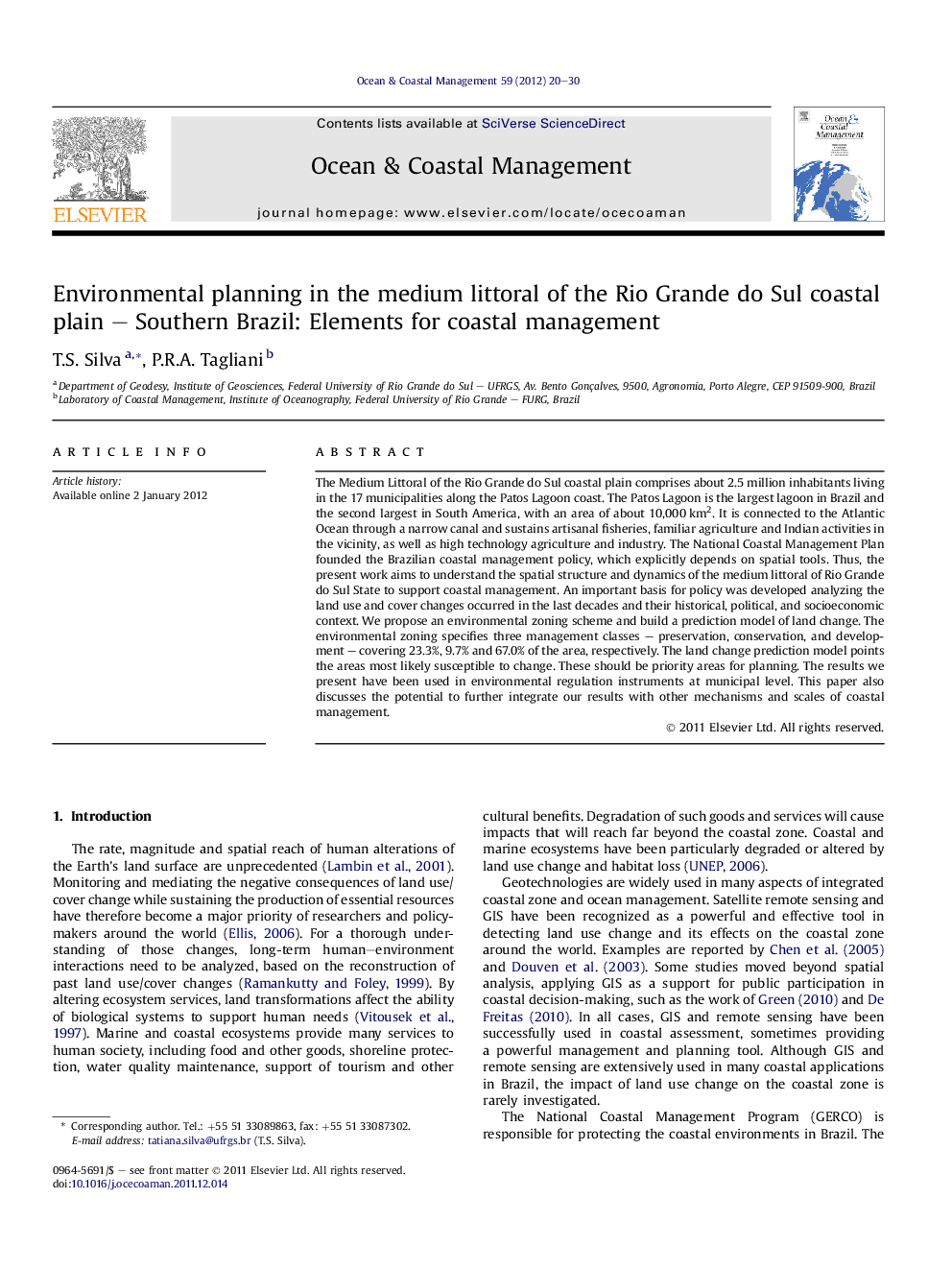 Environmental planning in the medium littoral of the Rio Grande do Sul coastal plain – Southern Brazil: Elements for coastal management