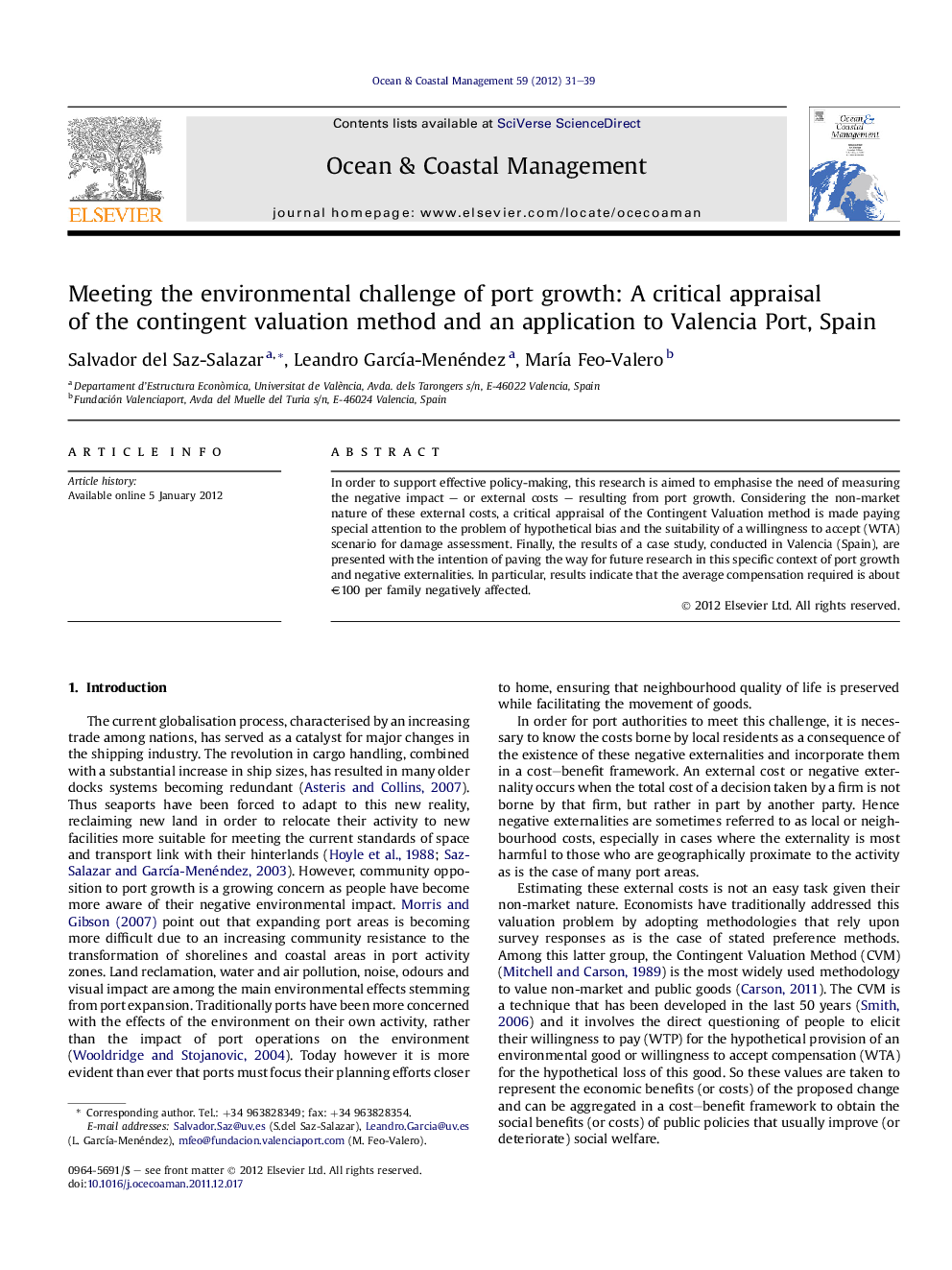 Meeting the environmental challenge of port growth: A critical appraisal of the contingent valuation method and an application to Valencia Port, Spain