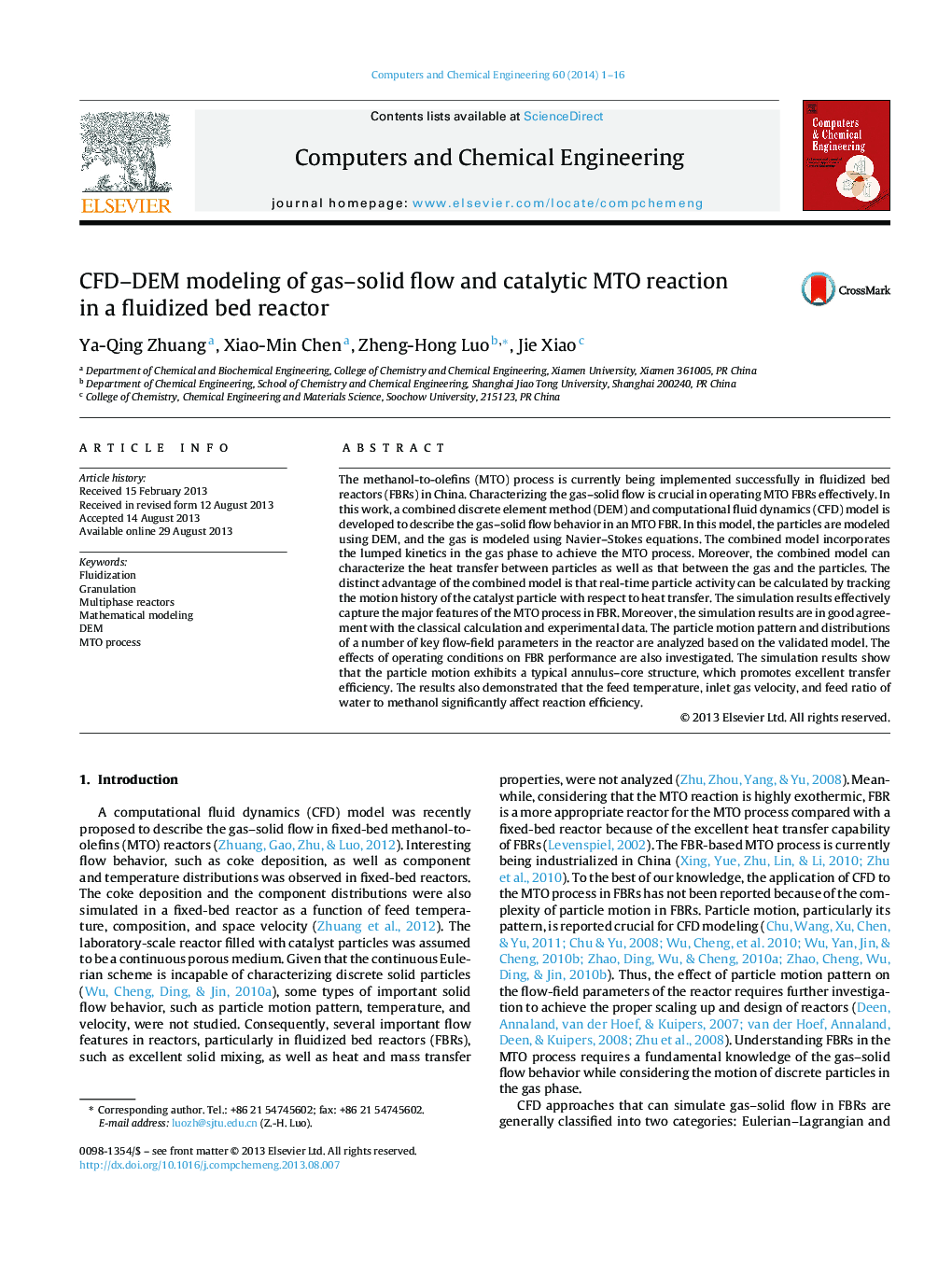 CFD–DEM modeling of gas–solid flow and catalytic MTO reaction in a fluidized bed reactor