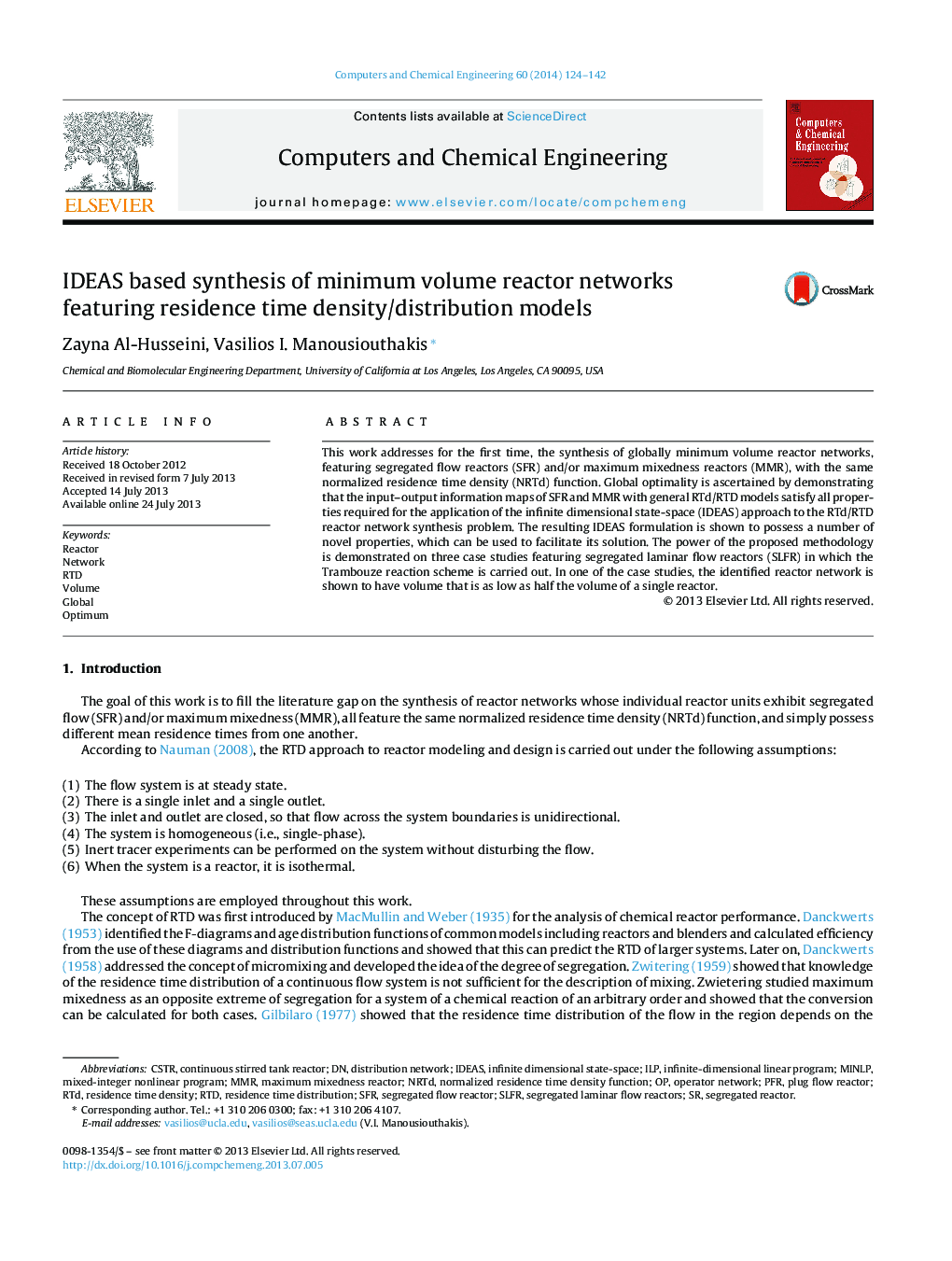 IDEAS based synthesis of minimum volume reactor networks featuring residence time density/distribution models