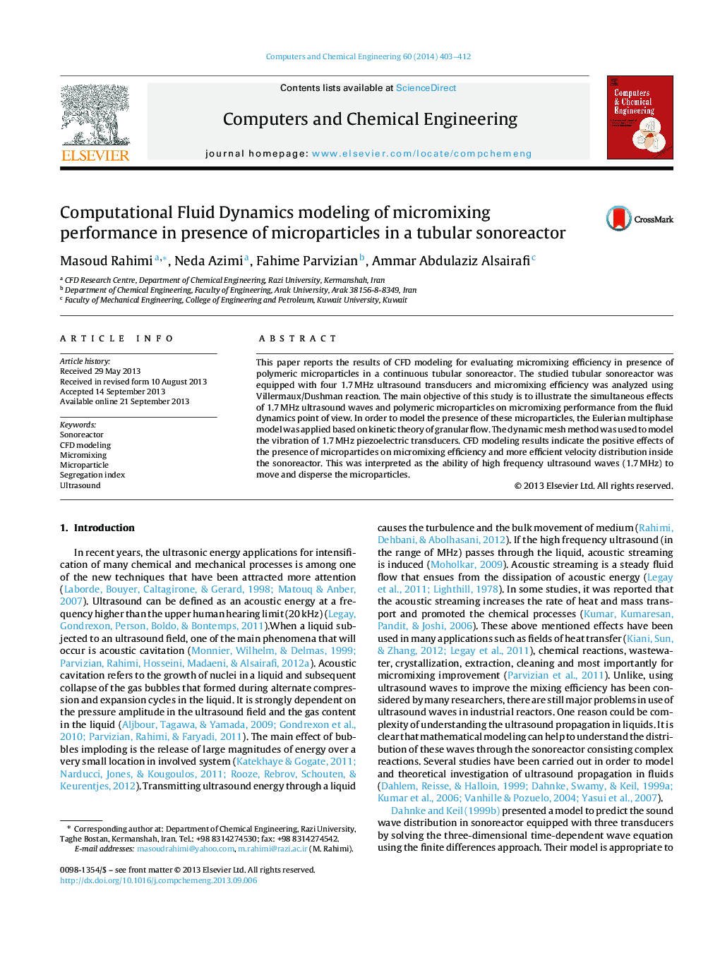 Computational Fluid Dynamics modeling of micromixing performance in presence of microparticles in a tubular sonoreactor