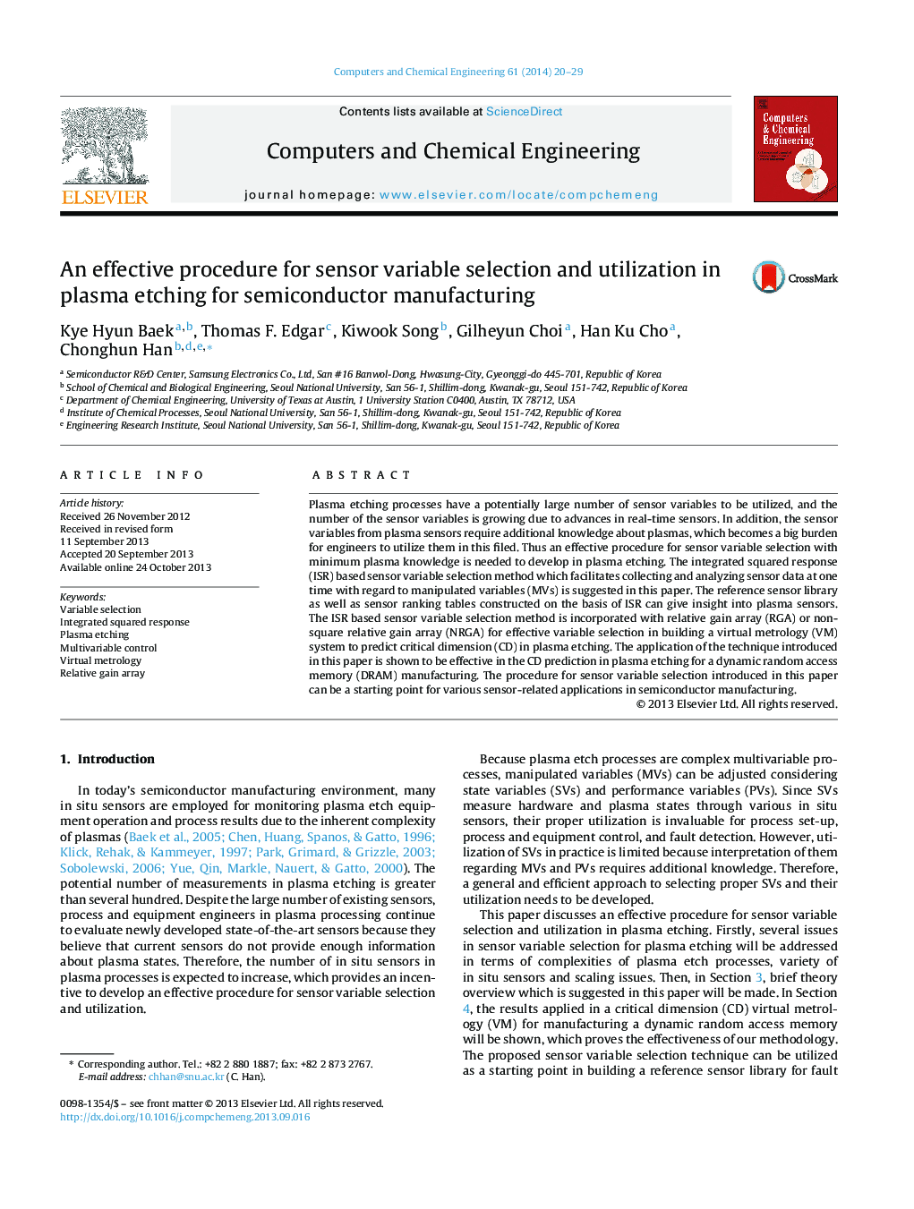 An effective procedure for sensor variable selection and utilization in plasma etching for semiconductor manufacturing