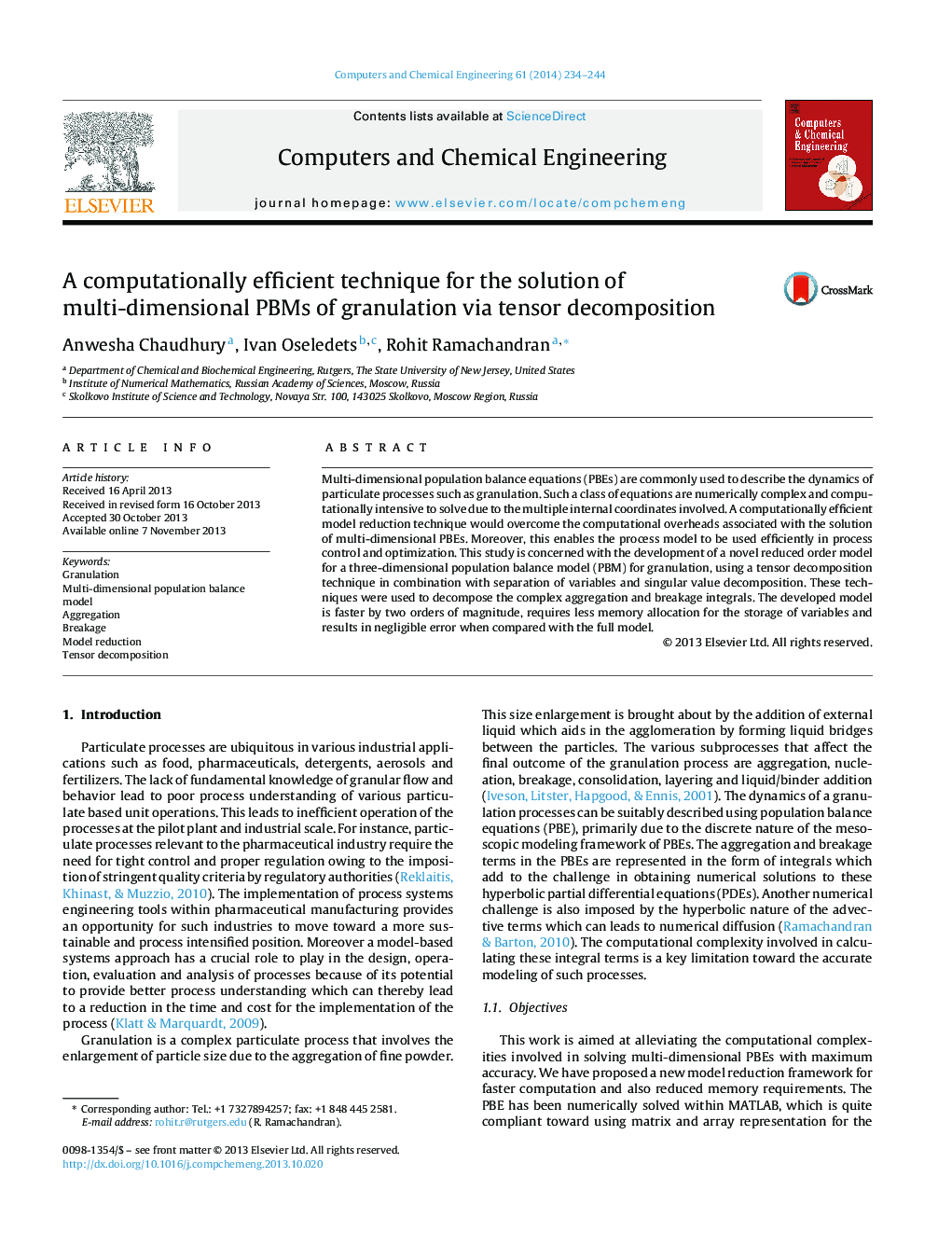 A computationally efficient technique for the solution of multi-dimensional PBMs of granulation via tensor decomposition