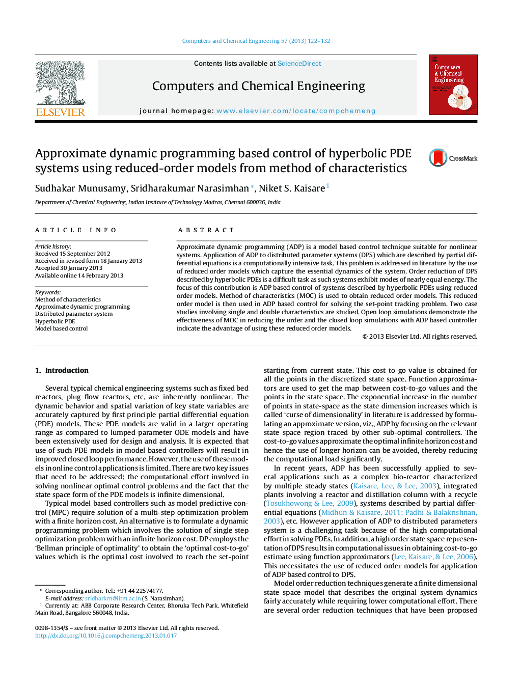 عکس صفحه اول مقاله: Approximate dynamic programming based control of hyperbolic PDE systems using reduced-order models from method of characteristics Approximate dynamic programming based control of hyperbolic PDE systems using reduced-order models from method of characteristics