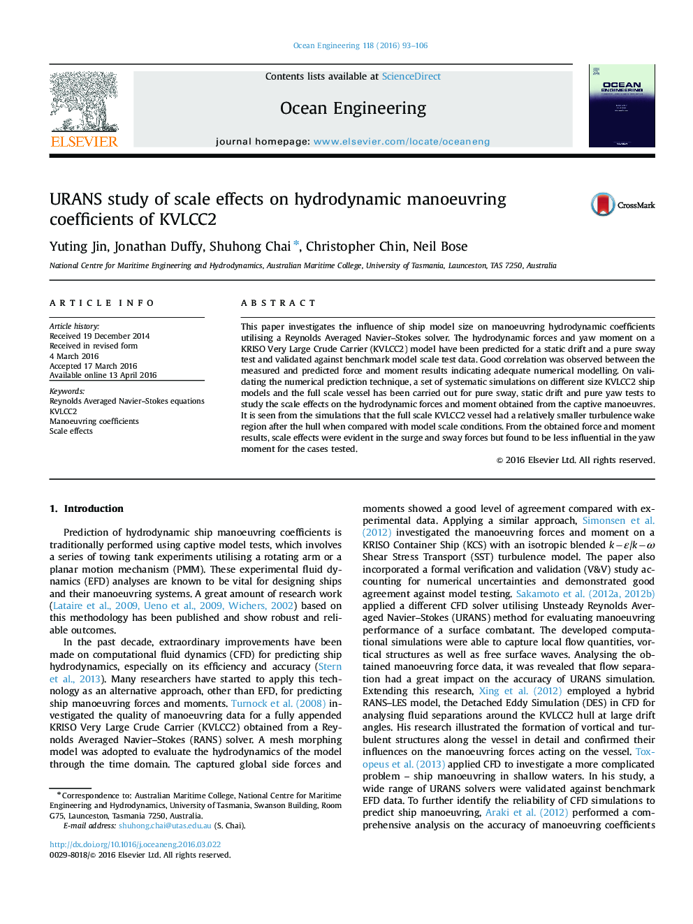 URANS study of scale effects on hydrodynamic manoeuvring coefficients of KVLCC2