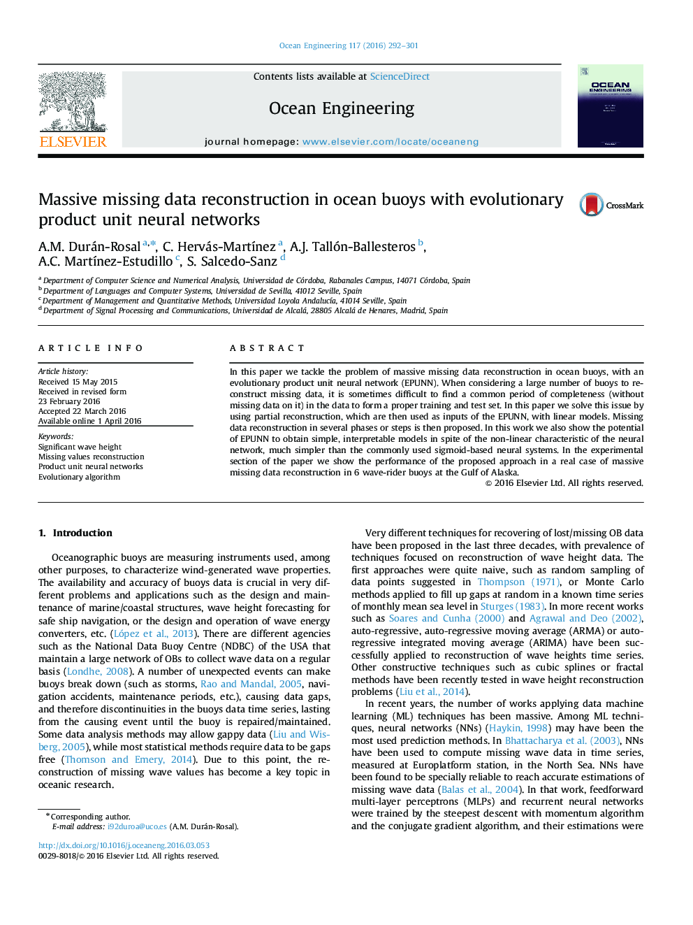 Massive missing data reconstruction in ocean buoys with evolutionary product unit neural networks