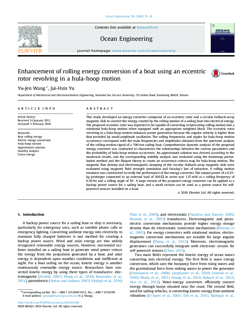 Enhancement of rolling energy conversion of a boat using an eccentric rotor revolving in a hula-hoop motion