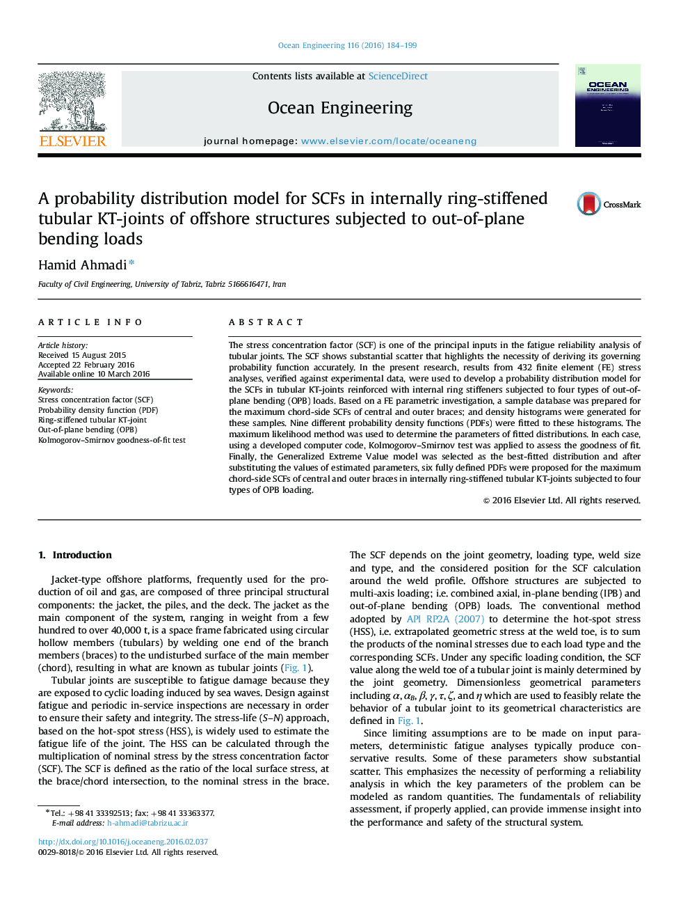 A probability distribution model for SCFs in internally ring-stiffened tubular KT-joints of offshore structures subjected to out-of-plane bending loads