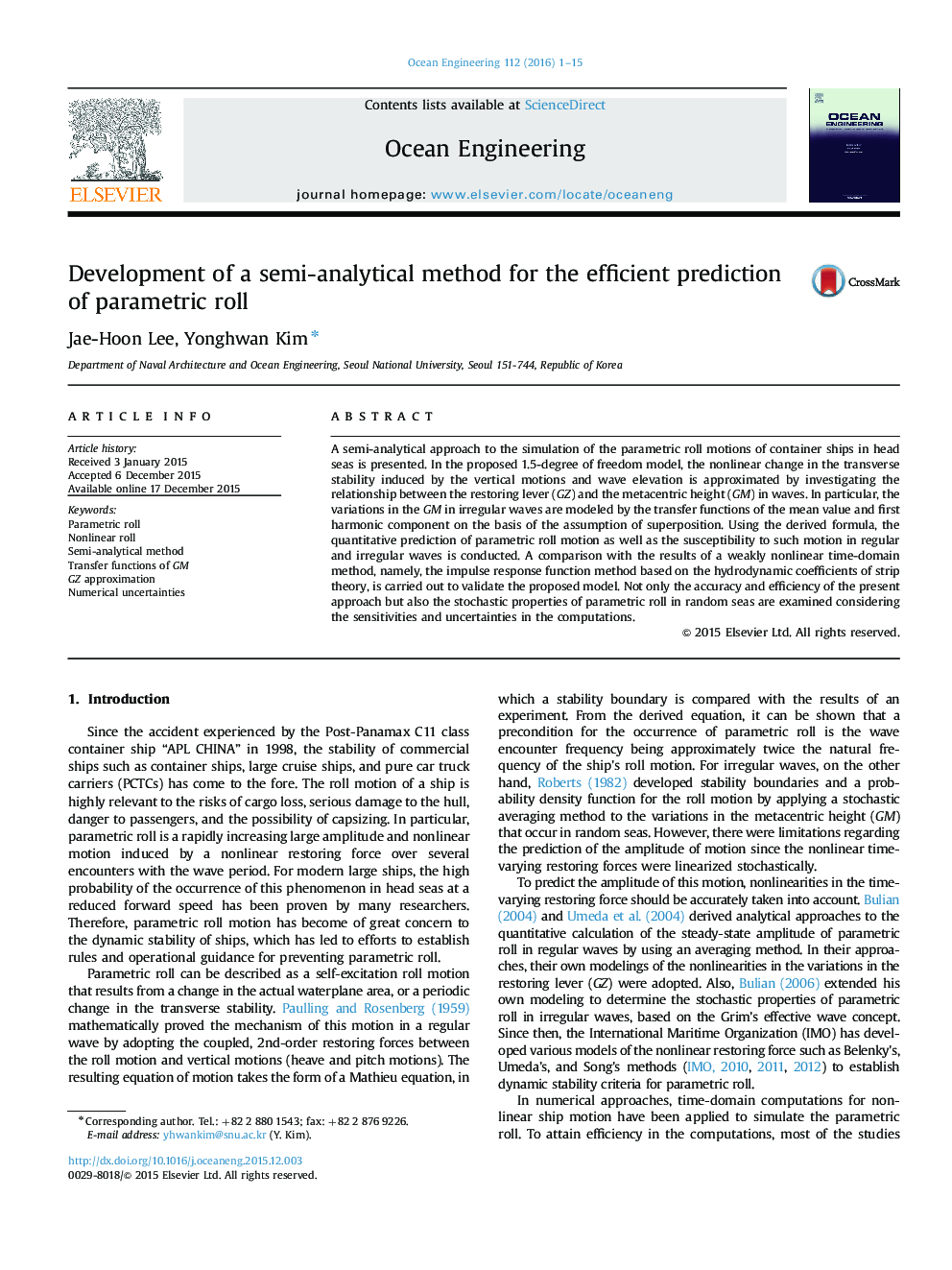 Development of a semi-analytical method for the efficient prediction of parametric roll
