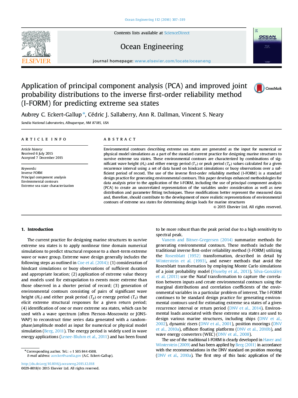 Application of principal component analysis (PCA) and improved joint probability distributions to the inverse first-order reliability method (I-FORM) for predicting extreme sea states