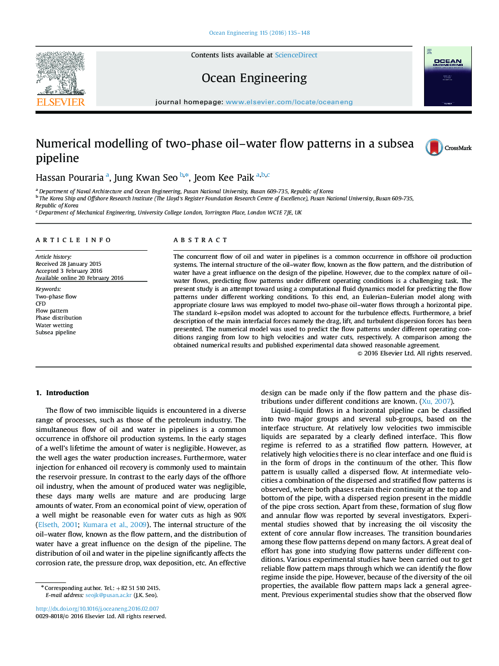 Numerical modelling of two-phase oil–water flow patterns in a subsea pipeline