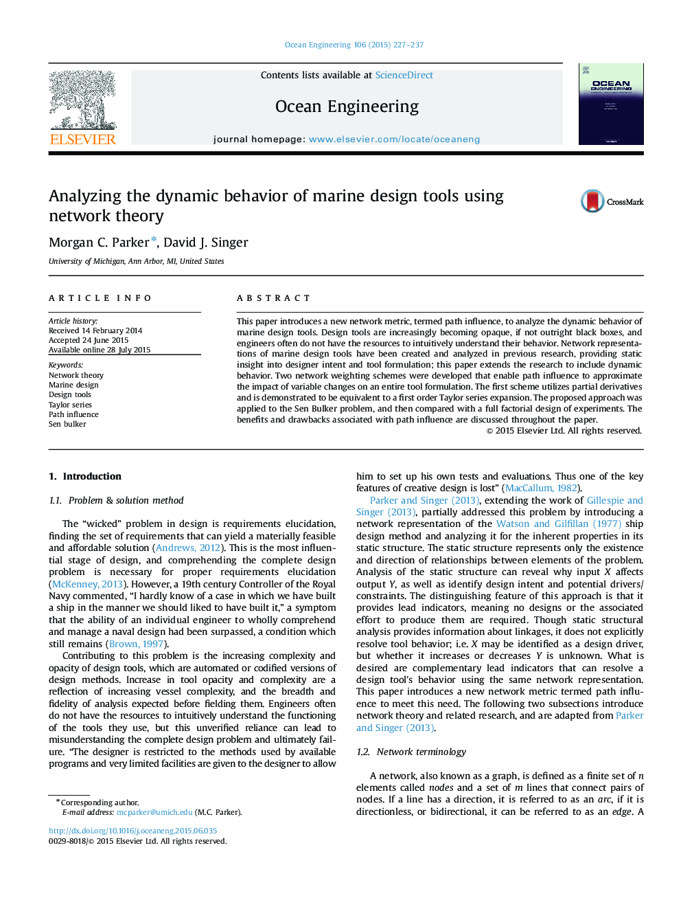 Analyzing the dynamic behavior of marine design tools using network theory