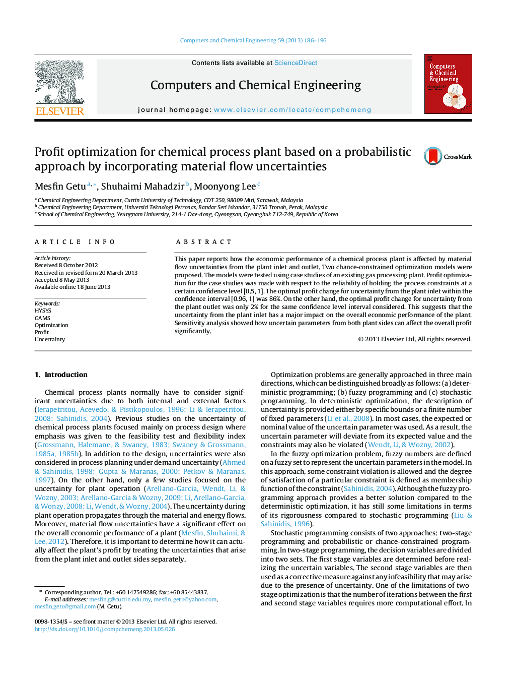 Profit optimization for chemical process plant based on a probabilistic approach by incorporating material flow uncertainties