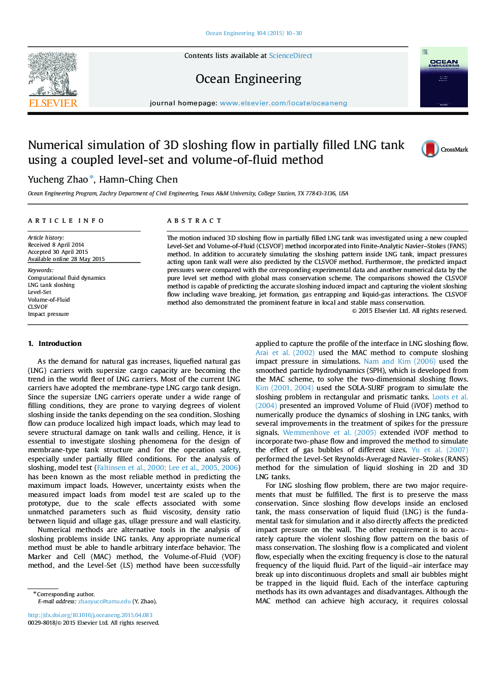 Numerical simulation of 3D sloshing flow in partially filled LNG tank using a coupled level-set and volume-of-fluid method