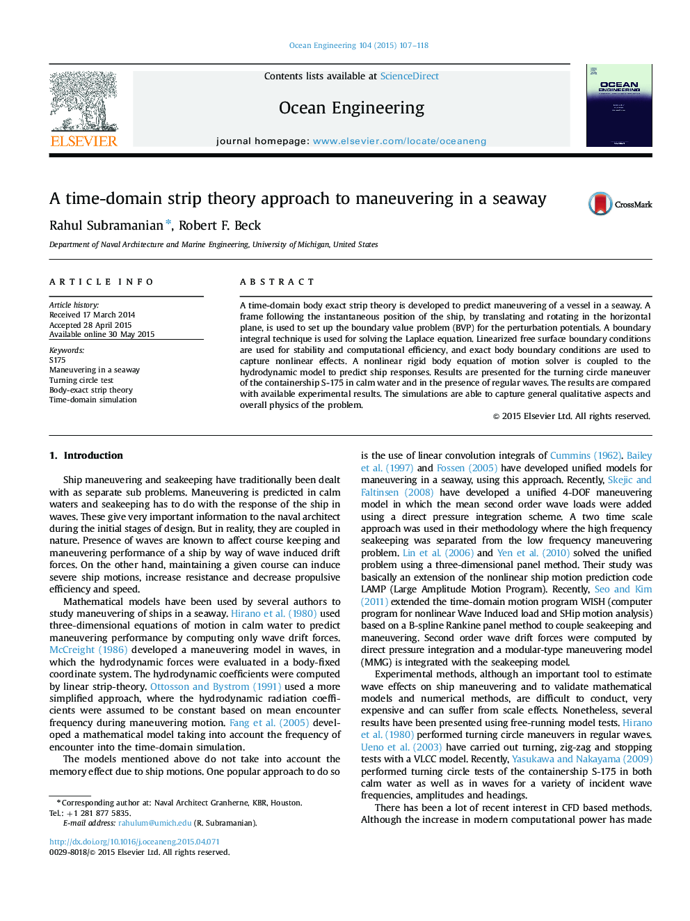 A time-domain strip theory approach to maneuvering in a seaway