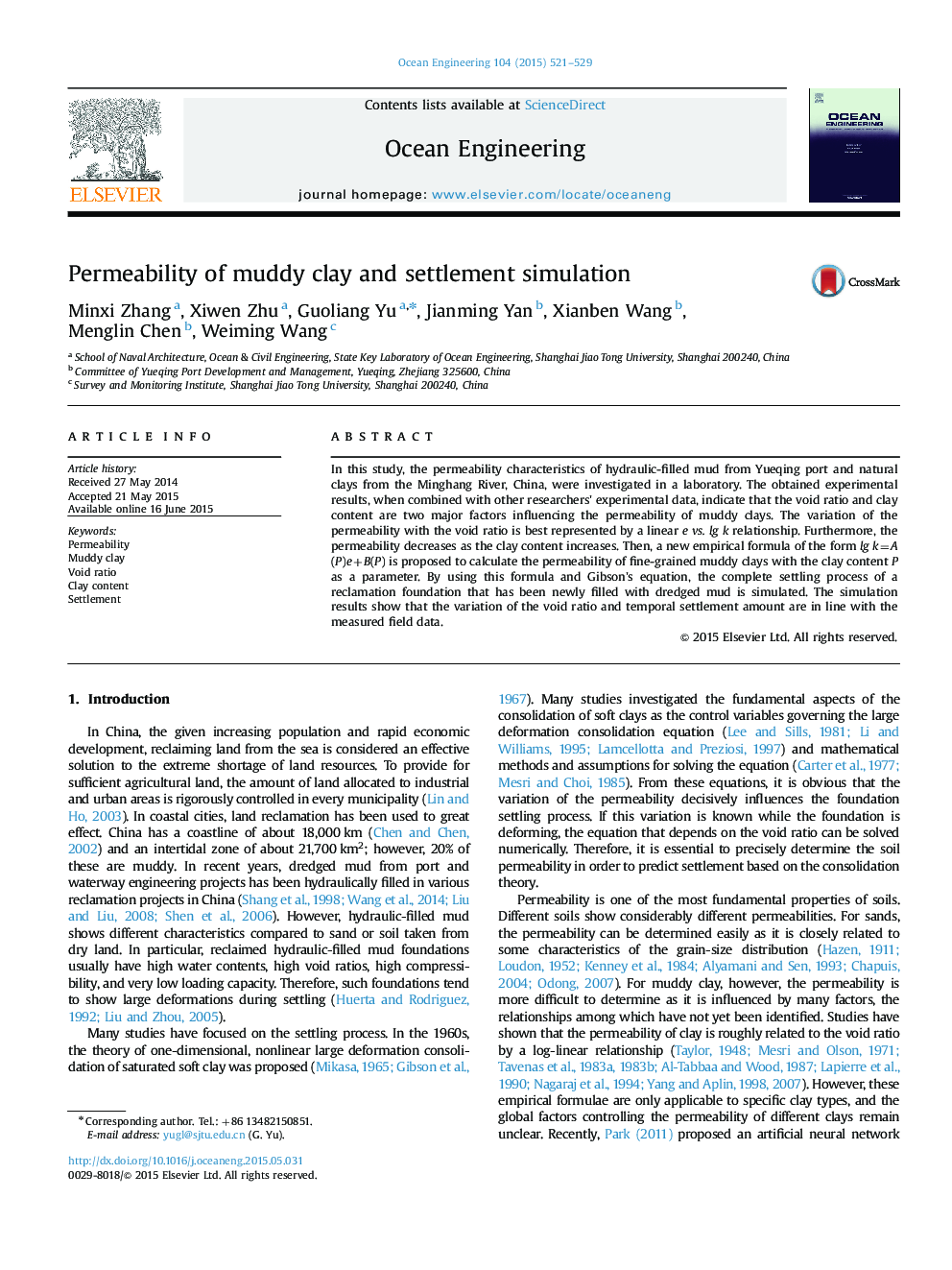 Permeability of muddy clay and settlement simulation