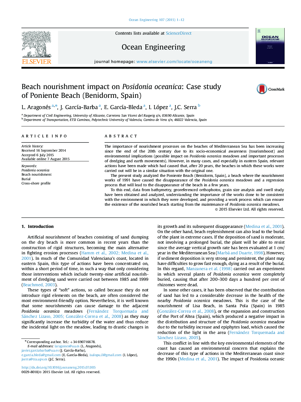 Beach nourishment impact on Posidonia oceanica: Case study of Poniente Beach (Benidorm, Spain)