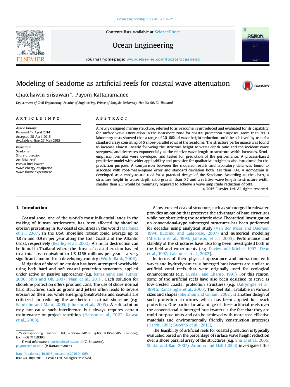 Modeling of Seadome as artificial reefs for coastal wave attenuation