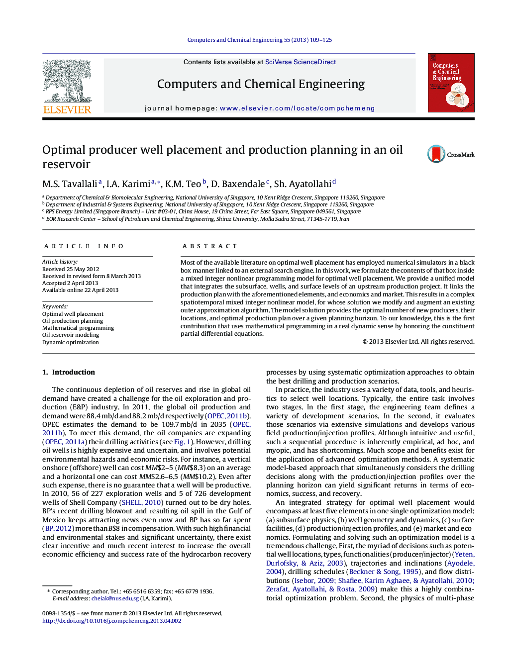 Optimal producer well placement and production planning in an oil reservoir