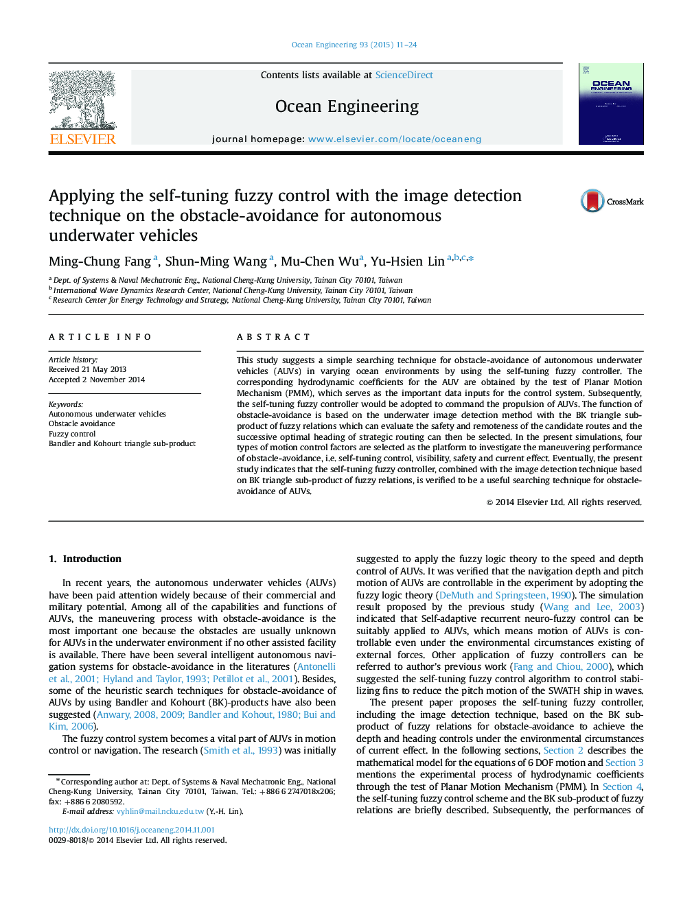 Applying the self-tuning fuzzy control with the image detection technique on the obstacle-avoidance for autonomous underwater vehicles