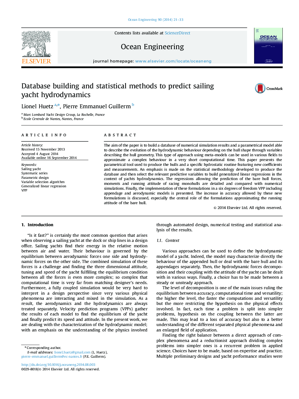 Database building and statistical methods to predict sailing yacht hydrodynamics