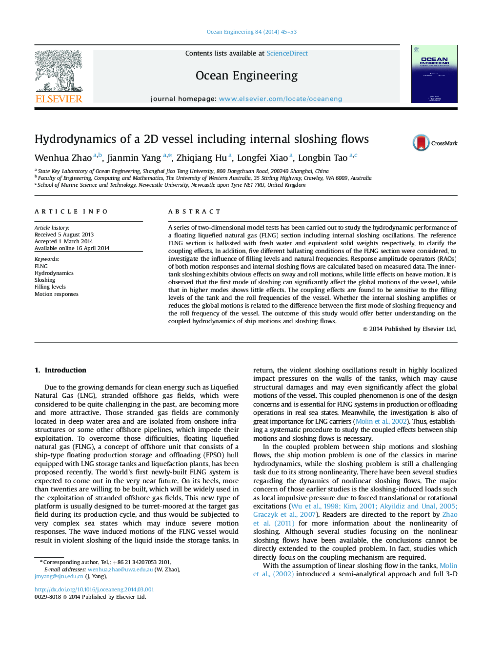 Hydrodynamics of a 2D vessel including internal sloshing flows