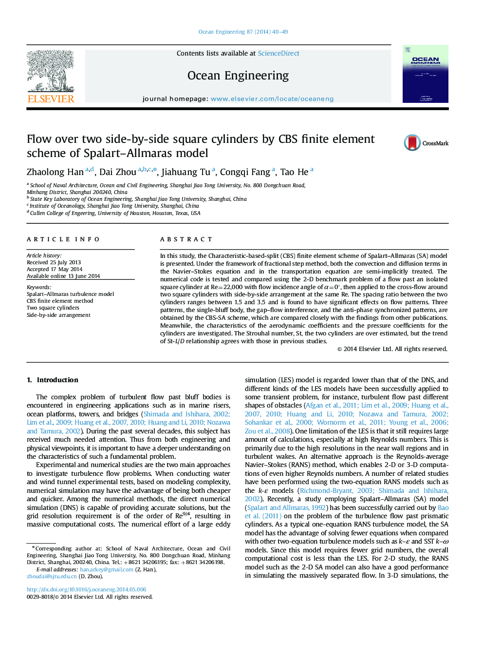 Flow over two side-by-side square cylinders by CBS finite element scheme of Spalart-Allmaras model