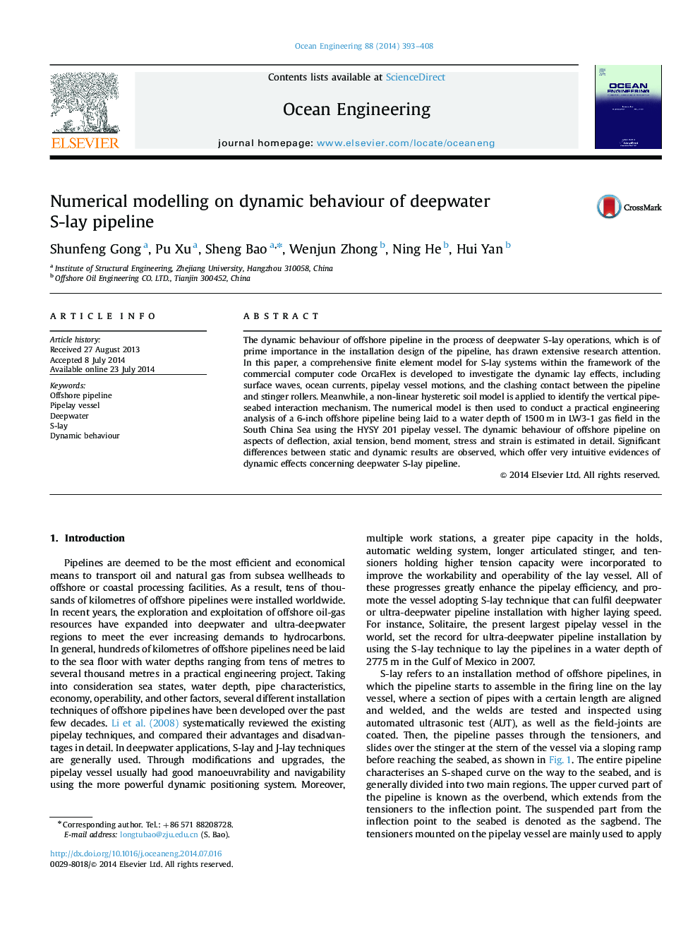 Numerical modelling on dynamic behaviour of deepwater S-lay pipeline