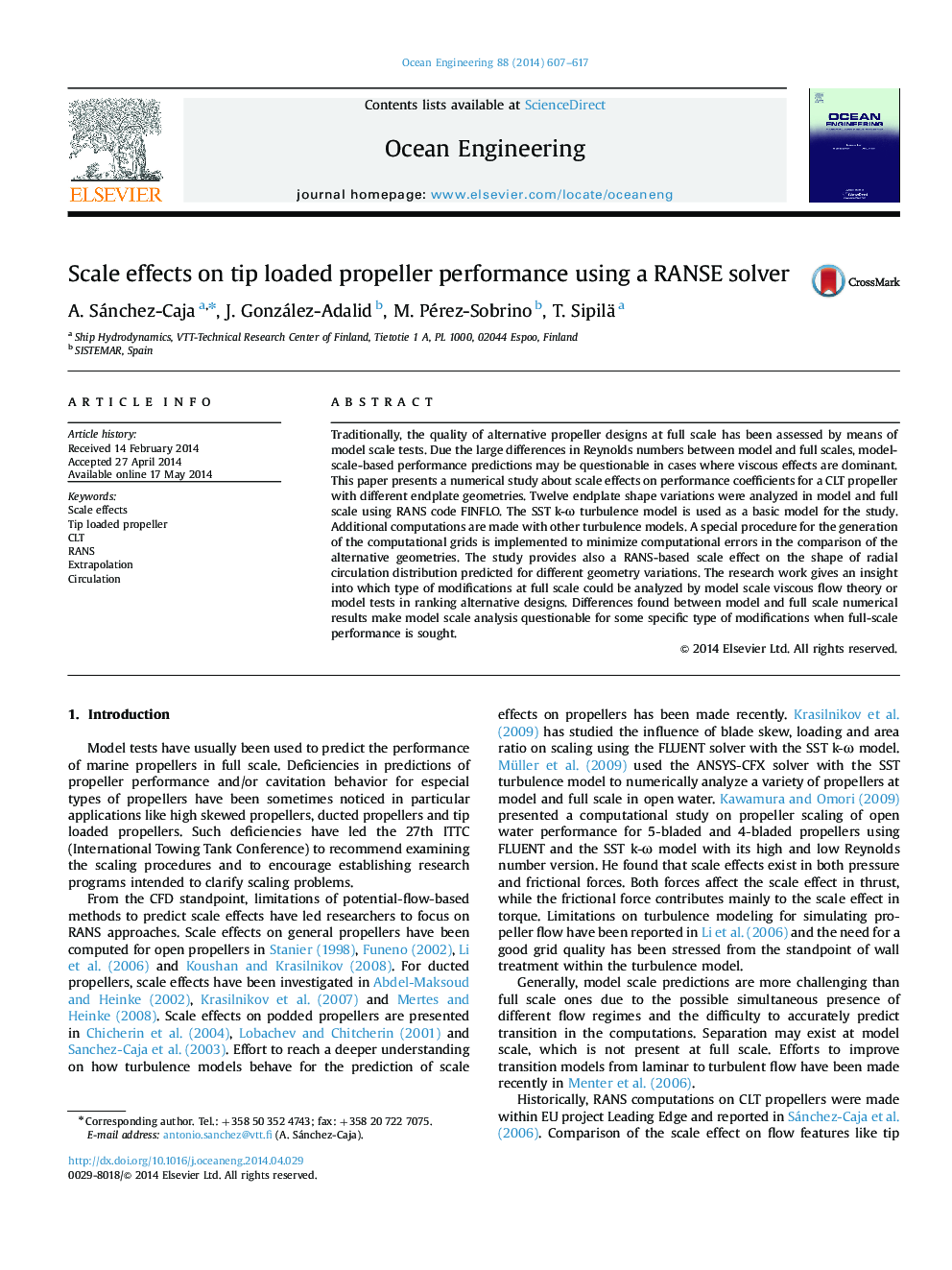 Scale effects on tip loaded propeller performance using a RANSE solver