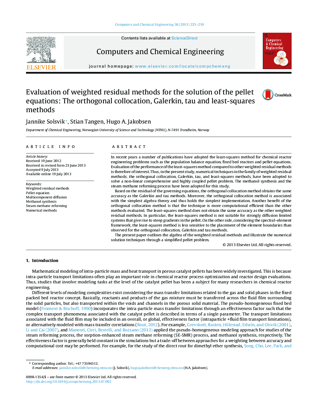 Evaluation of weighted residual methods for the solution of the pellet equations: The orthogonal collocation, Galerkin, tau and least-squares methods
