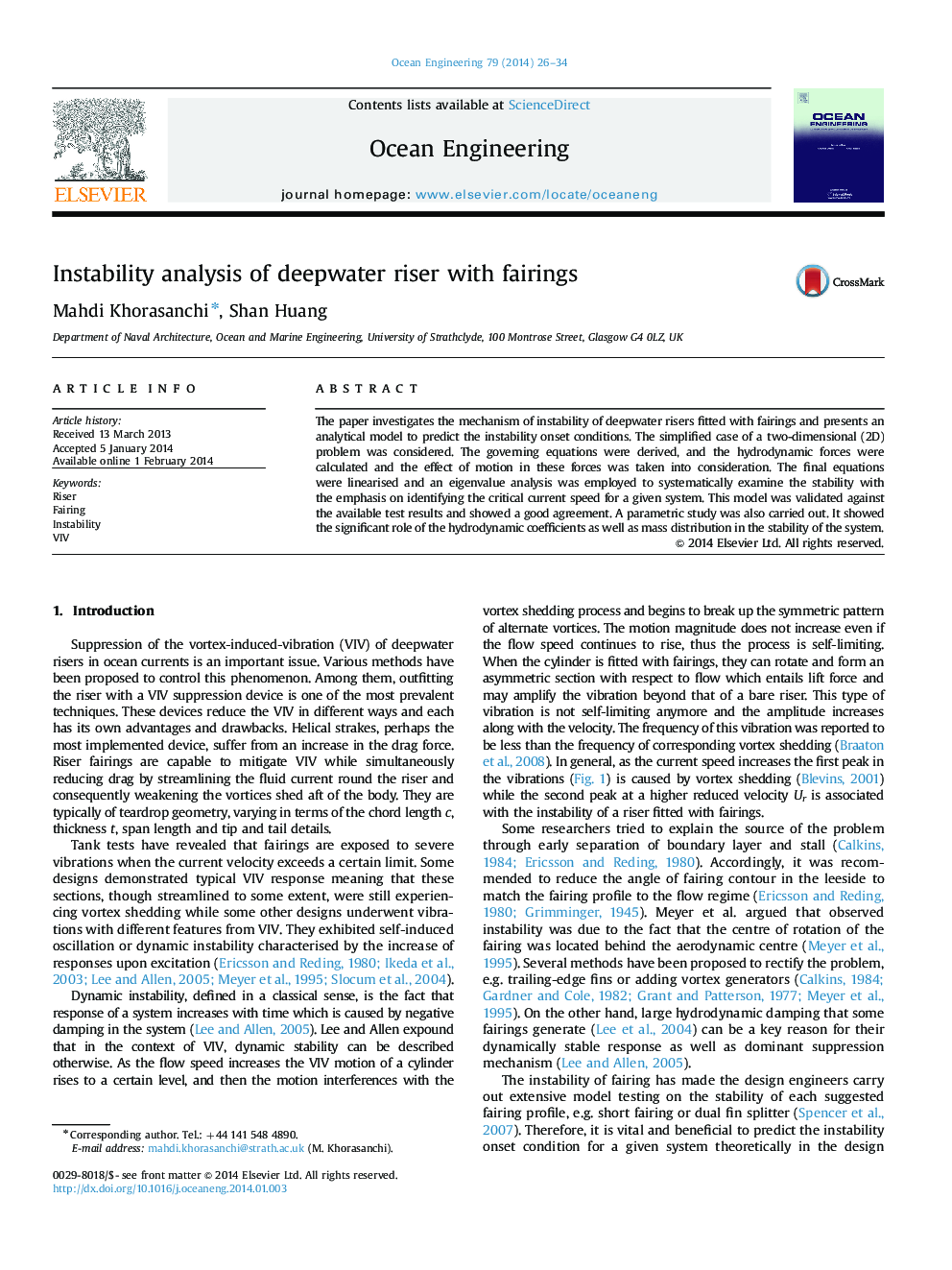 Instability analysis of deepwater riser with fairings