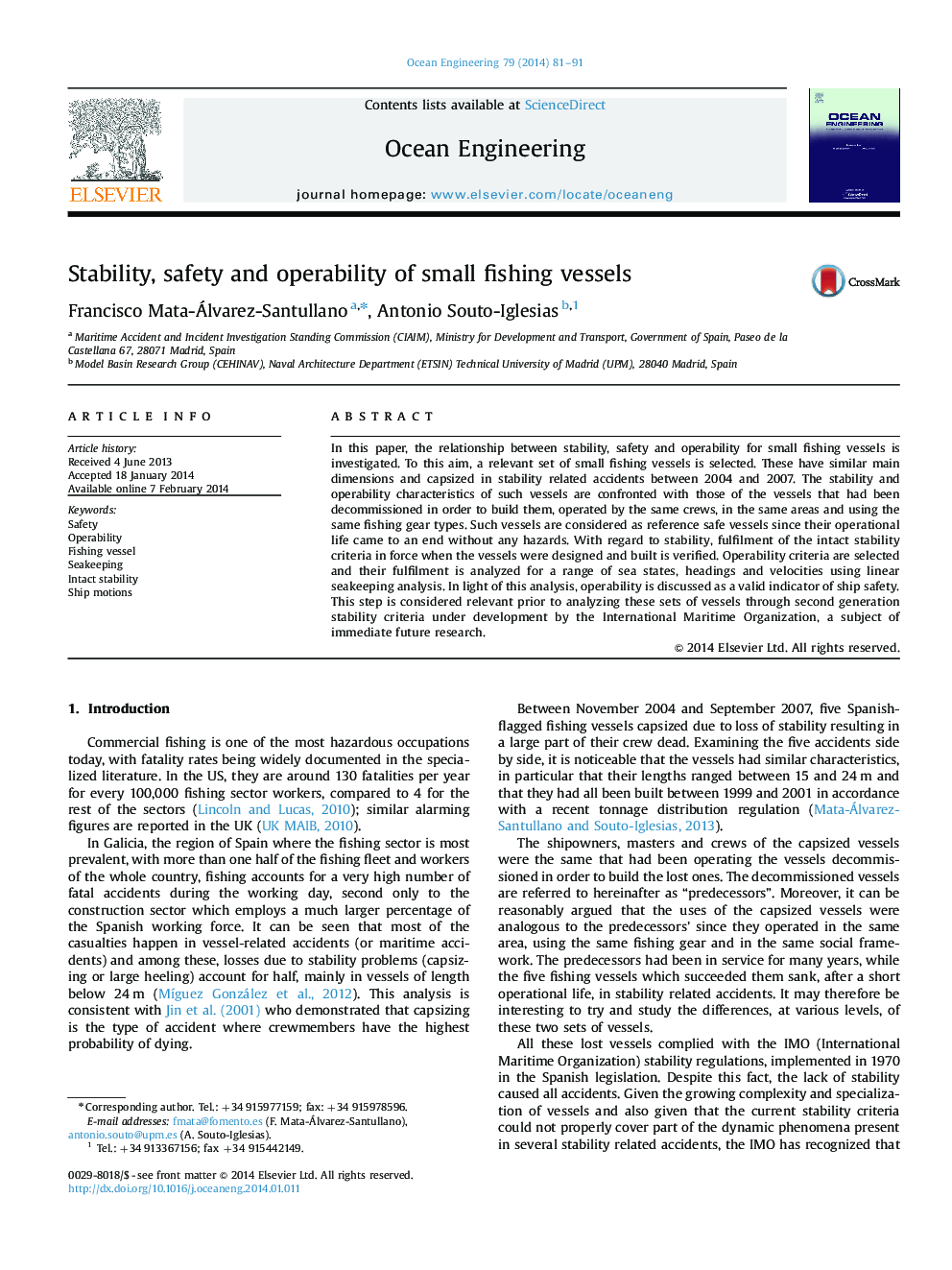 Stability, safety and operability of small fishing vessels
