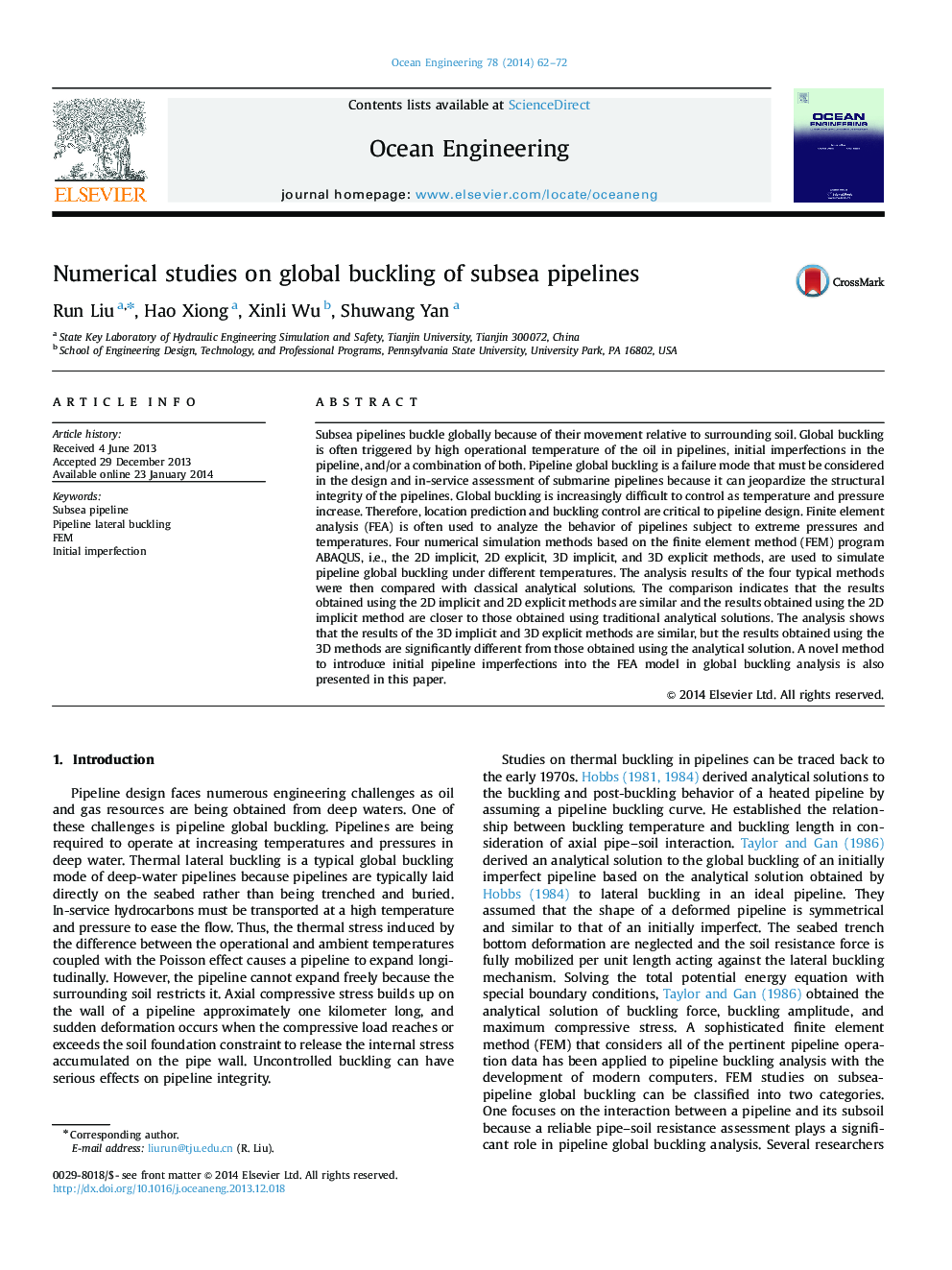 Numerical studies on global buckling of subsea pipelines