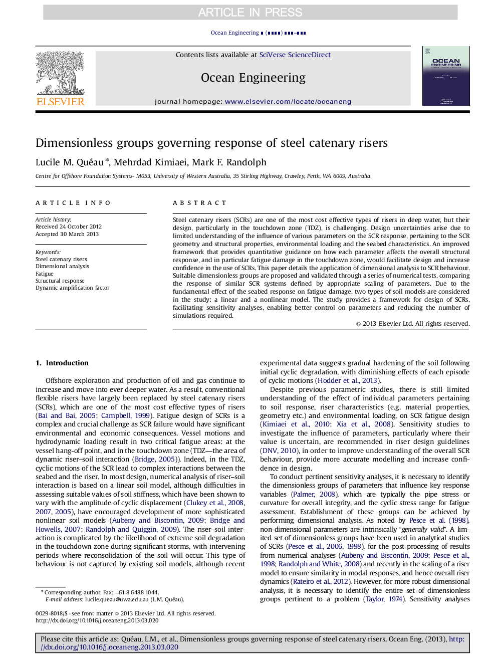 Dimensionless groups governing response of steel catenary risers