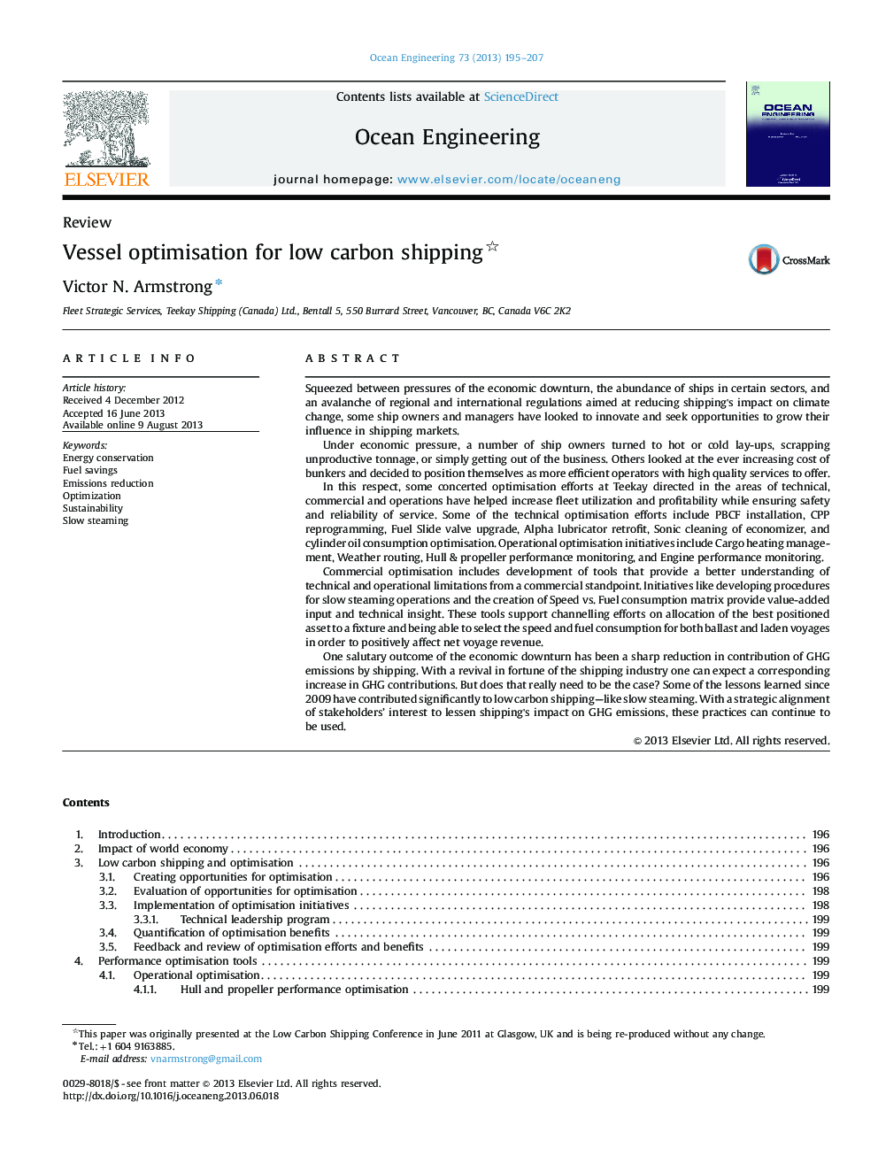 Vessel optimisation for low carbon shipping 