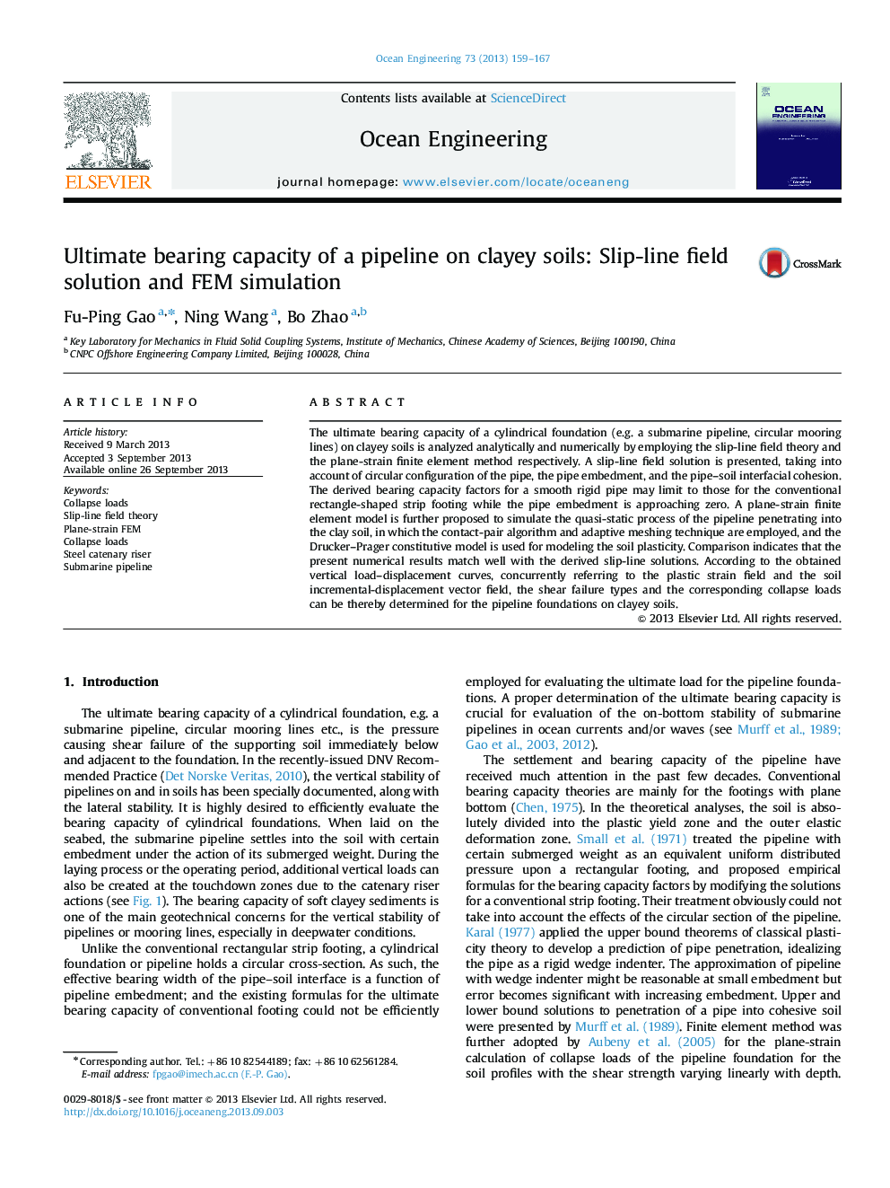 Ultimate bearing capacity of a pipeline on clayey soils: Slip-line field solution and FEM simulation