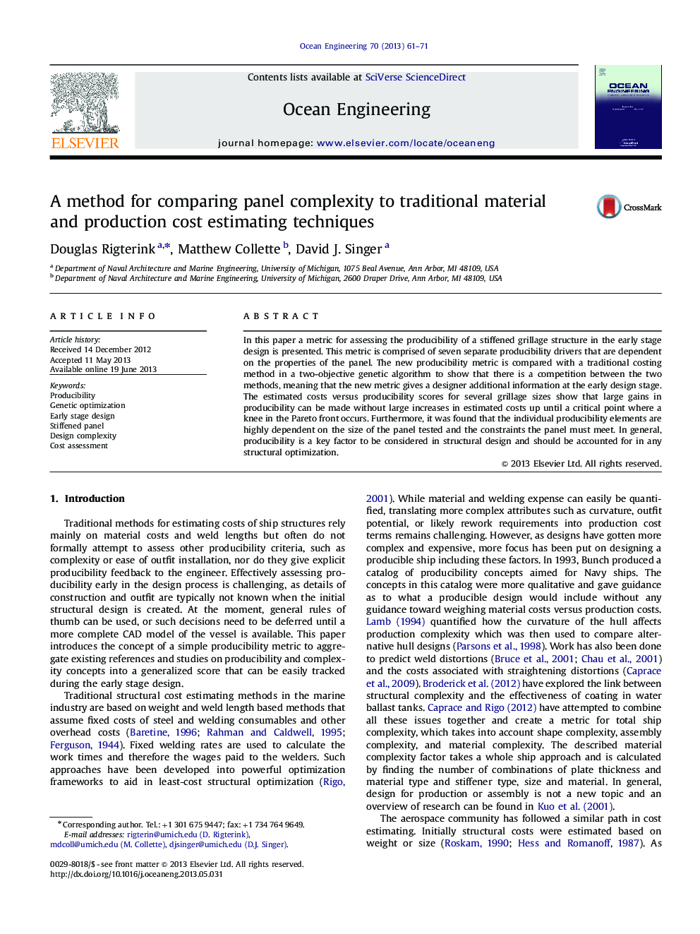 A method for comparing panel complexity to traditional material and production cost estimating techniques