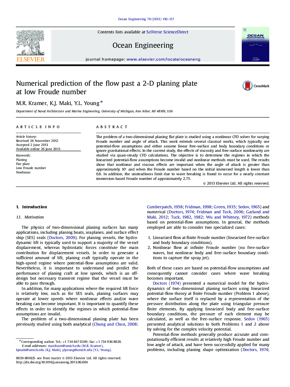 Numerical prediction of the flow past a 2-D planing plate at low Froude number